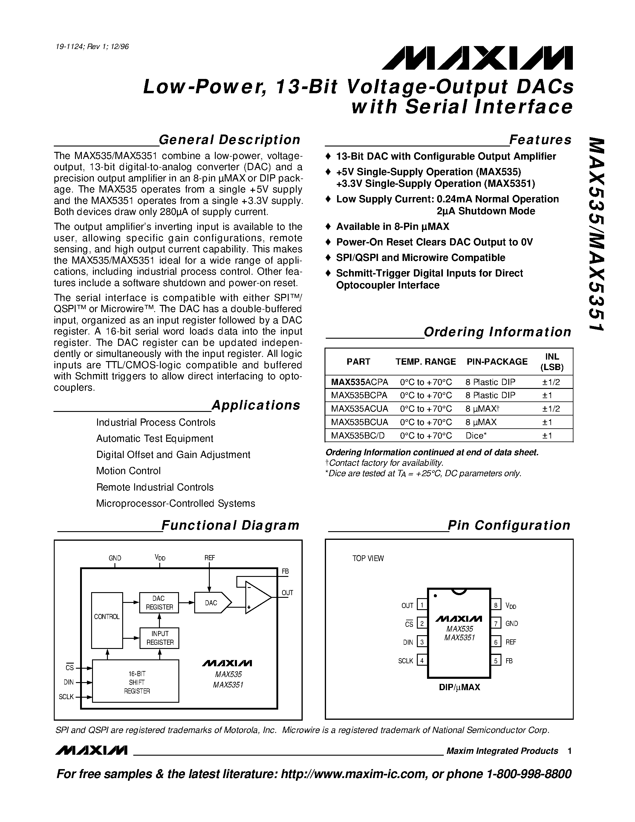 Даташит MAX535 - Low-Power / 13-Bit Voltage-Output DACs with Serial Interface страница 1