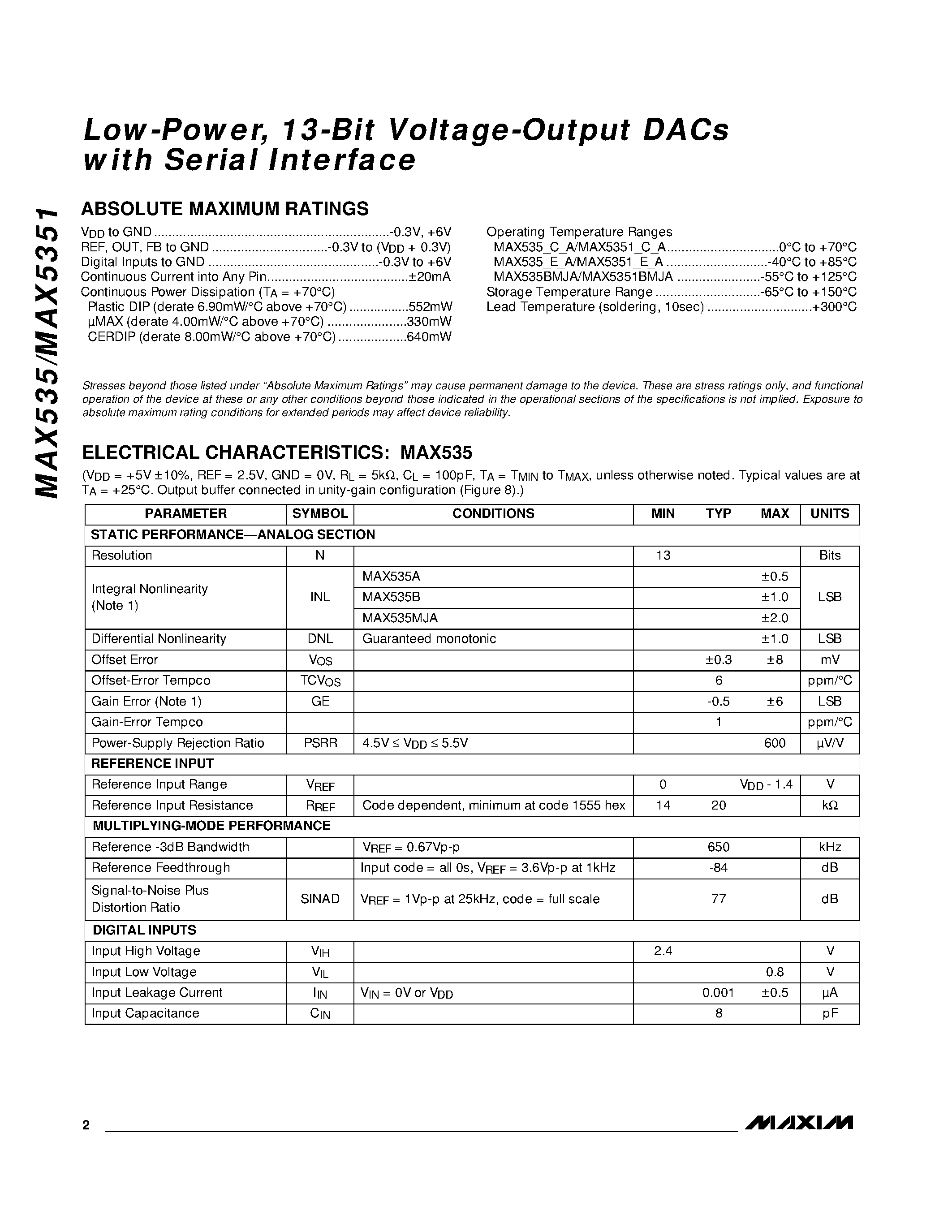 Даташит MAX535 - Low-Power / 13-Bit Voltage-Output DACs with Serial Interface страница 2