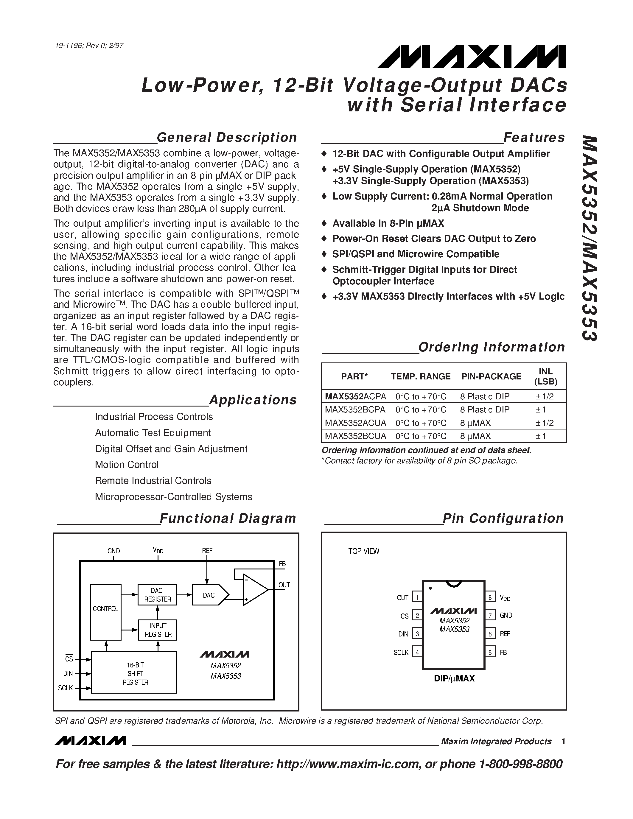 Даташит MAX5352 - Low-Power / 12-Bit Voltage-Output DACs with Serial Interface страница 1