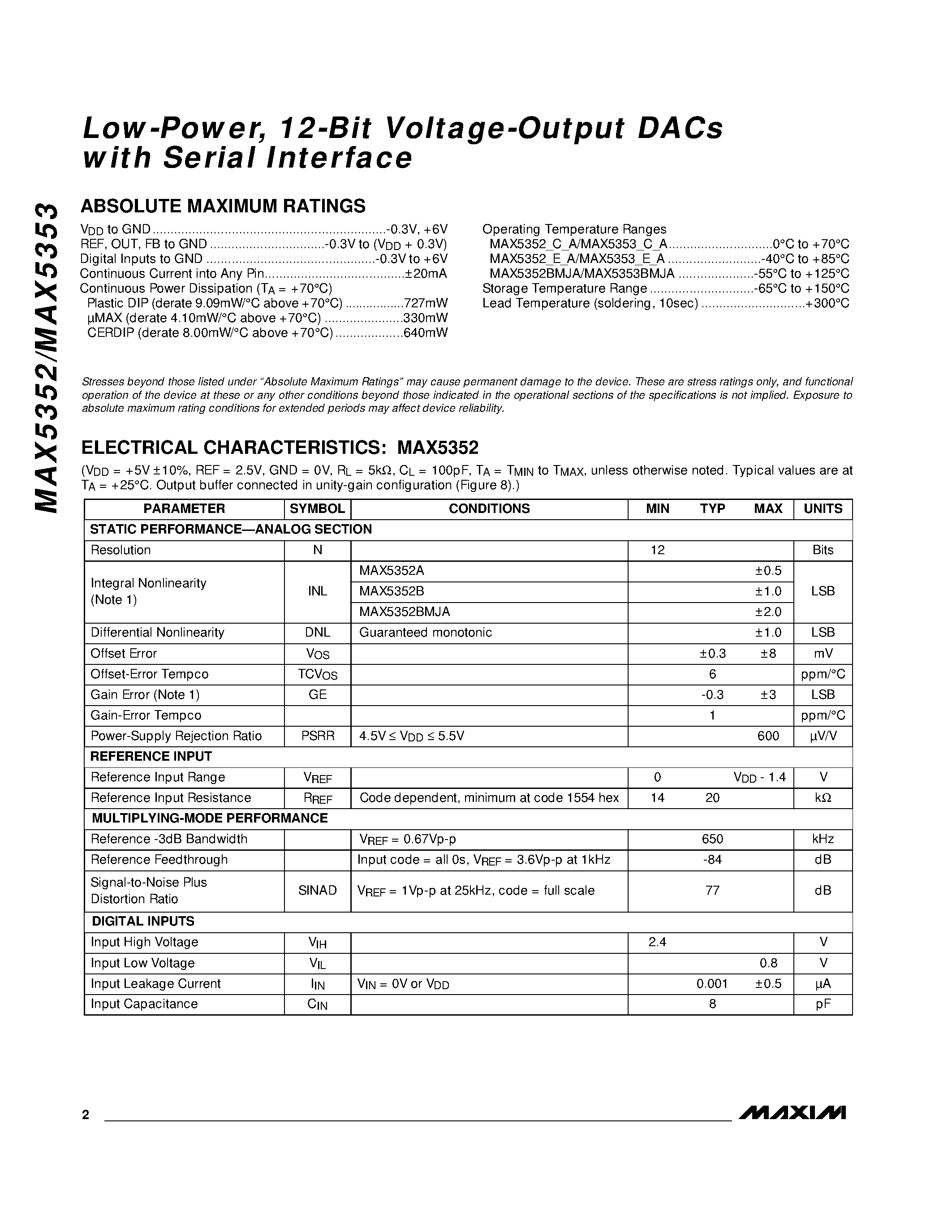 Даташит MAX5352 - Low-Power / 12-Bit Voltage-Output DACs with Serial Interface страница 2