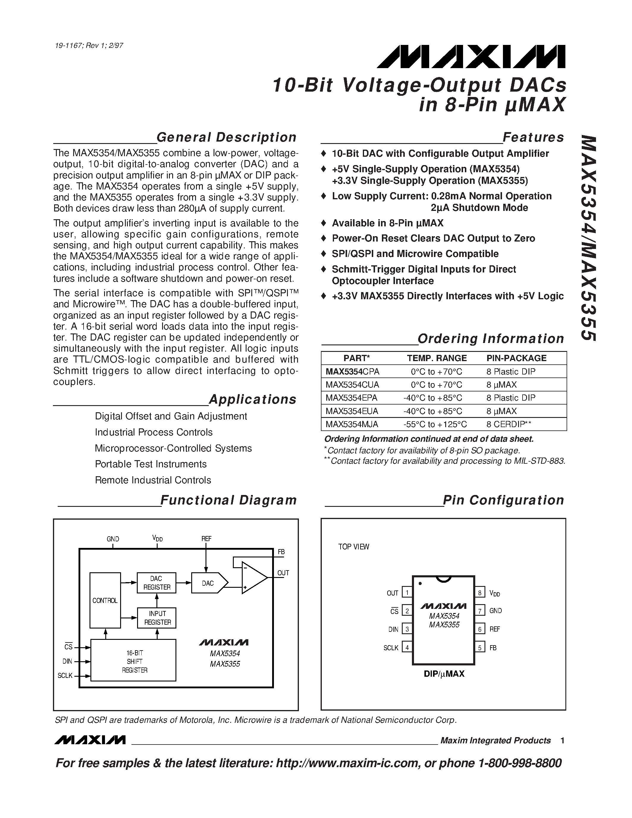Даташит MAX5354 - 10-Bit Voltage-Output DACs in 8-Pin MAX страница 1