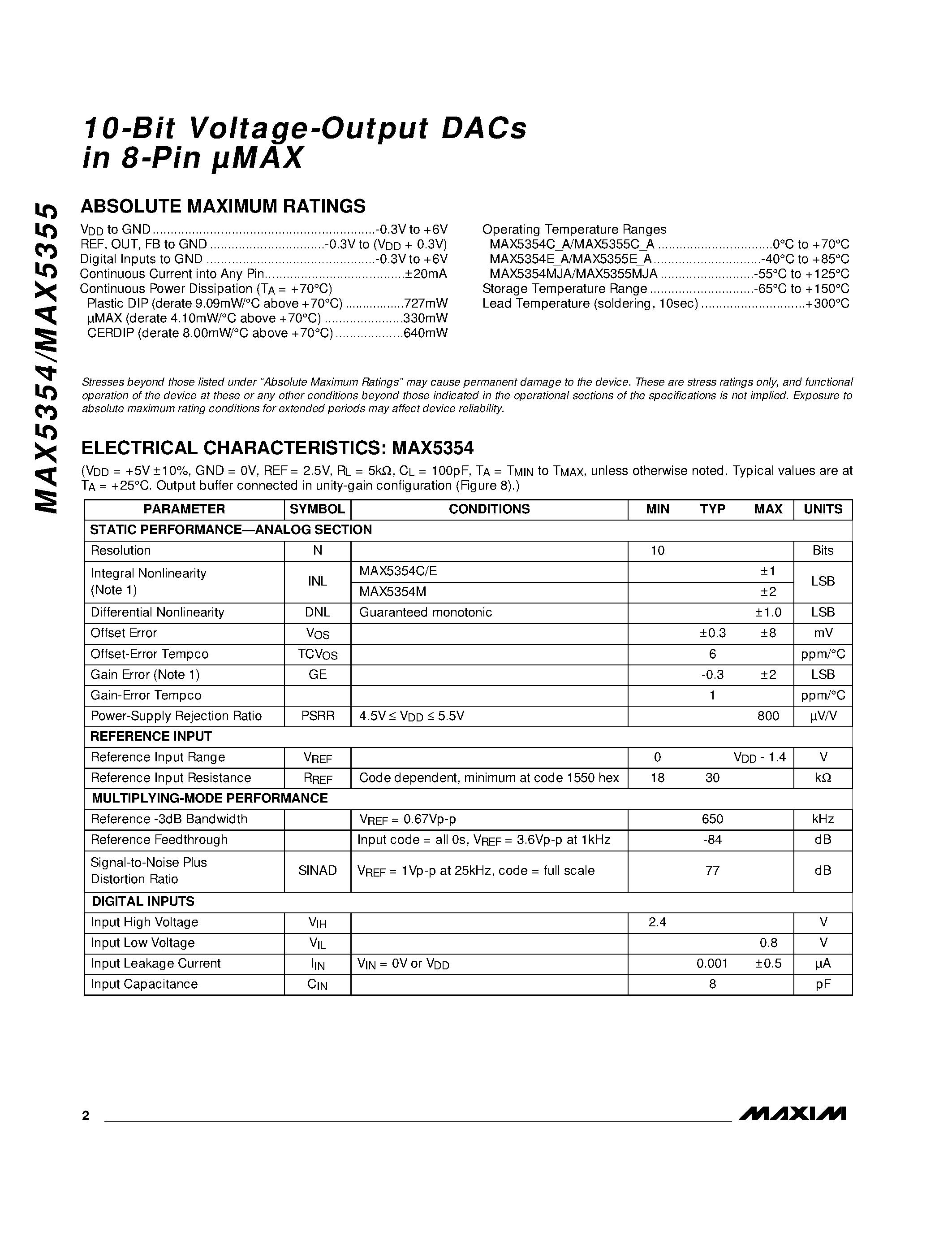 Даташит MAX5355 - 10-Bit Voltage-Output DACs in 8-Pin MAX страница 2