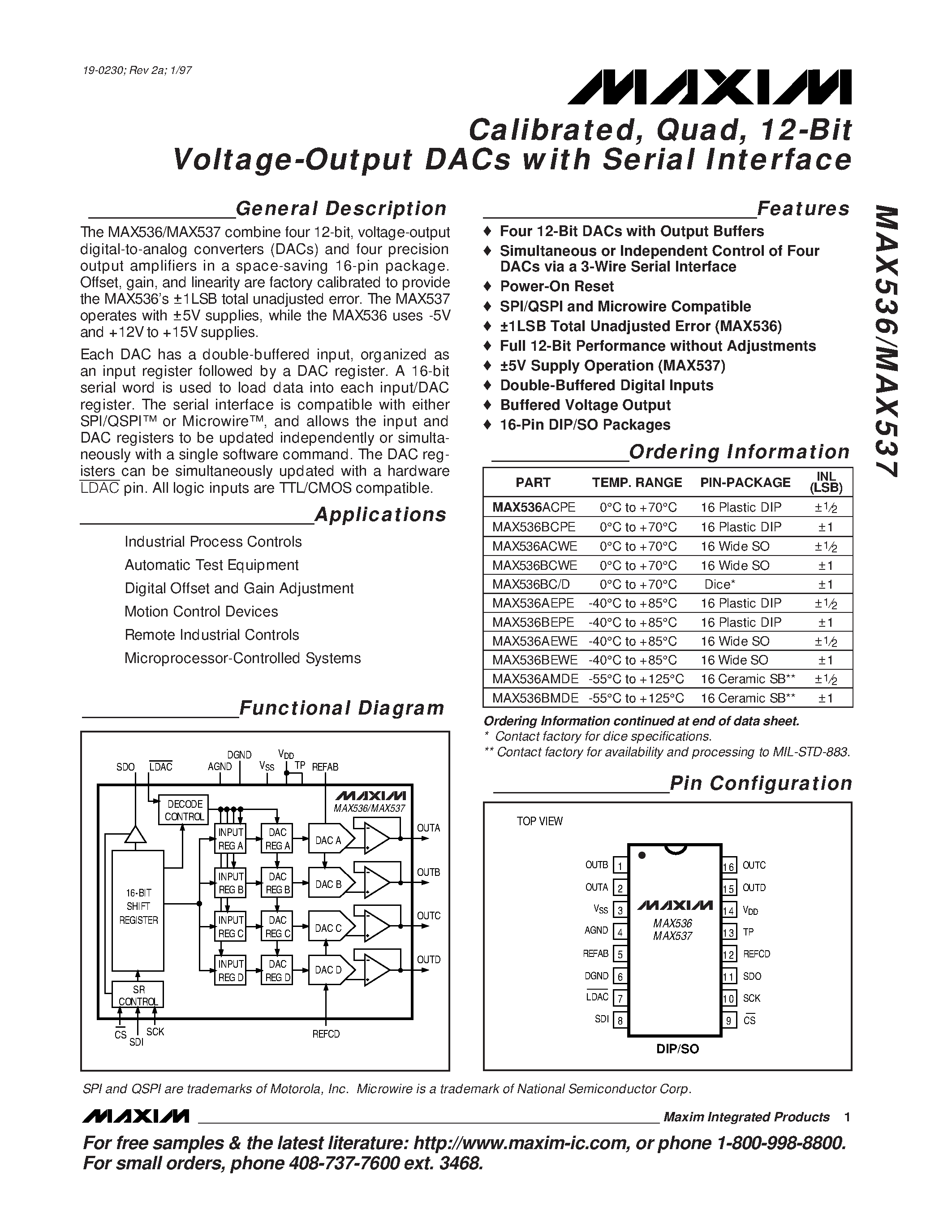 Даташит MAX536 - Calibrated / Quad / 12-Bit Voltage-Output DACs with Serial Interface страница 1
