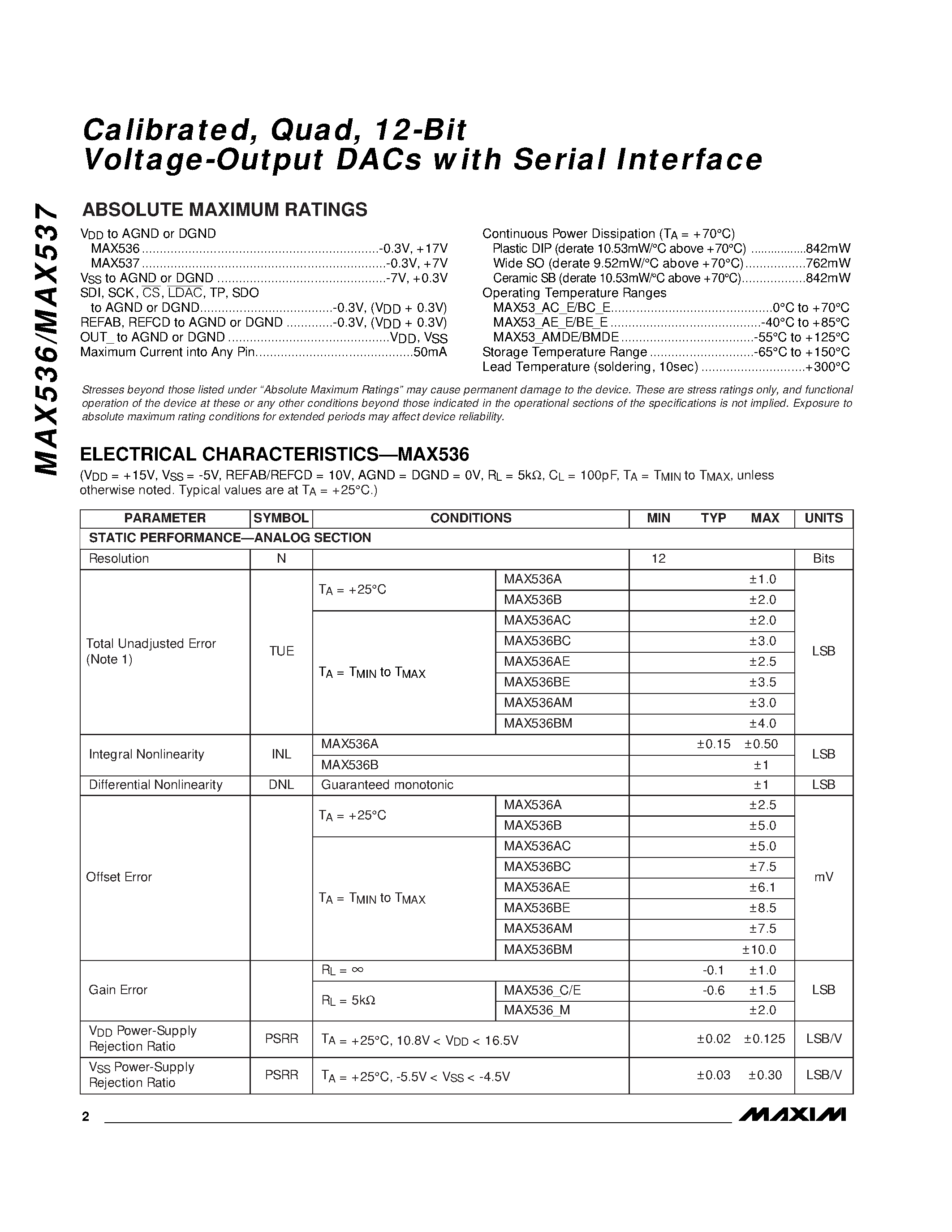 Даташит MAX536 - Calibrated / Quad / 12-Bit Voltage-Output DACs with Serial Interface страница 2