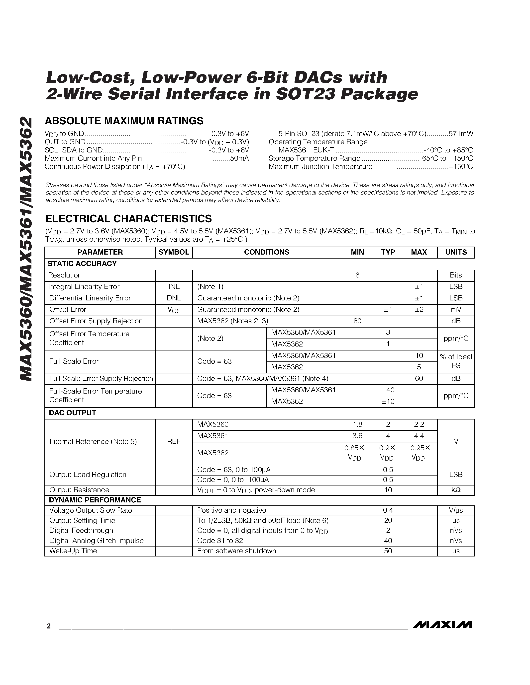 Datasheet MAX5361LEUK - Low-Cost / Low-Power 6-Bit DACs with 2-Wire Serial Interface in SOT23 Package page 2
