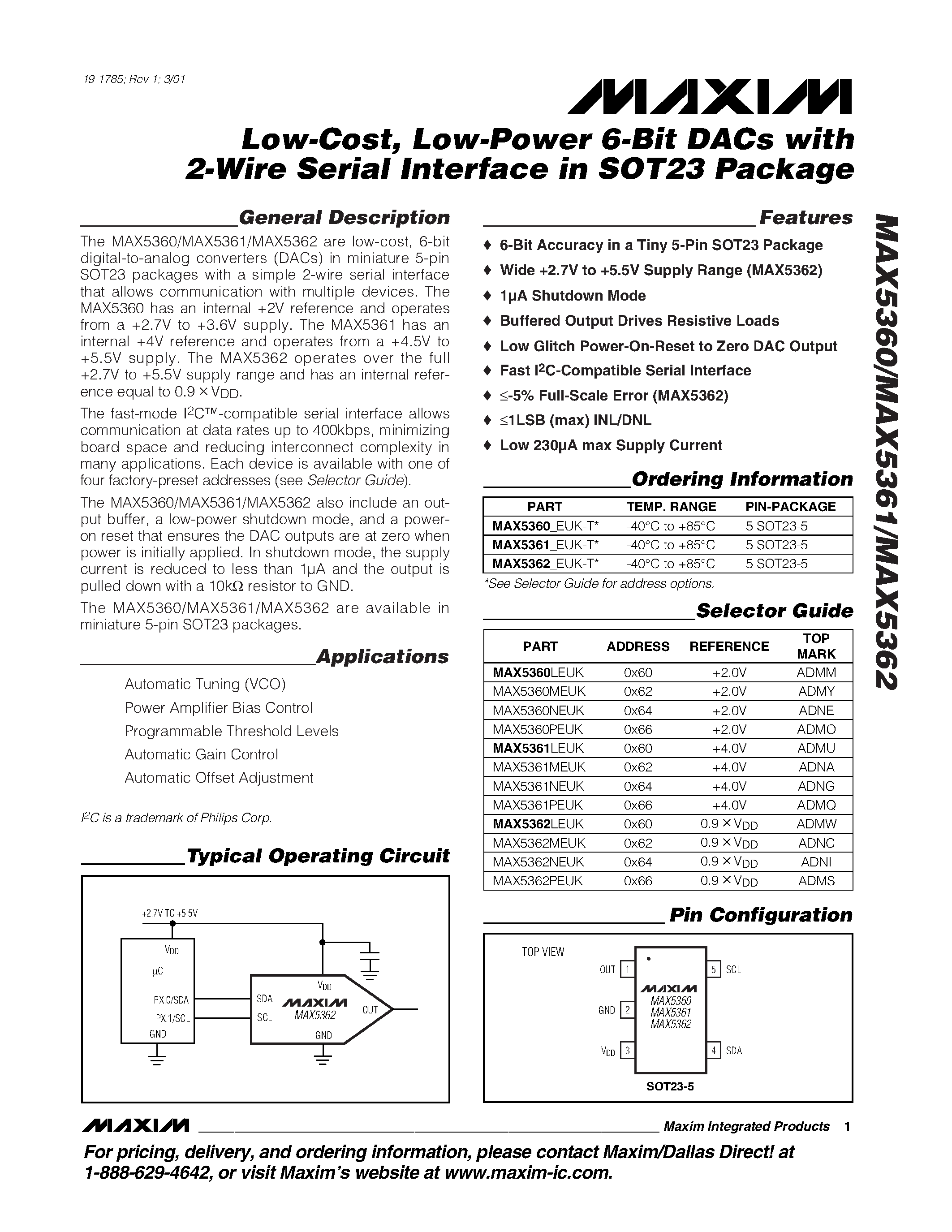 Datasheet MAX5361MEUK - Low-Cost / Low-Power 6-Bit DACs with 2-Wire Serial Interface in SOT23 Package page 1