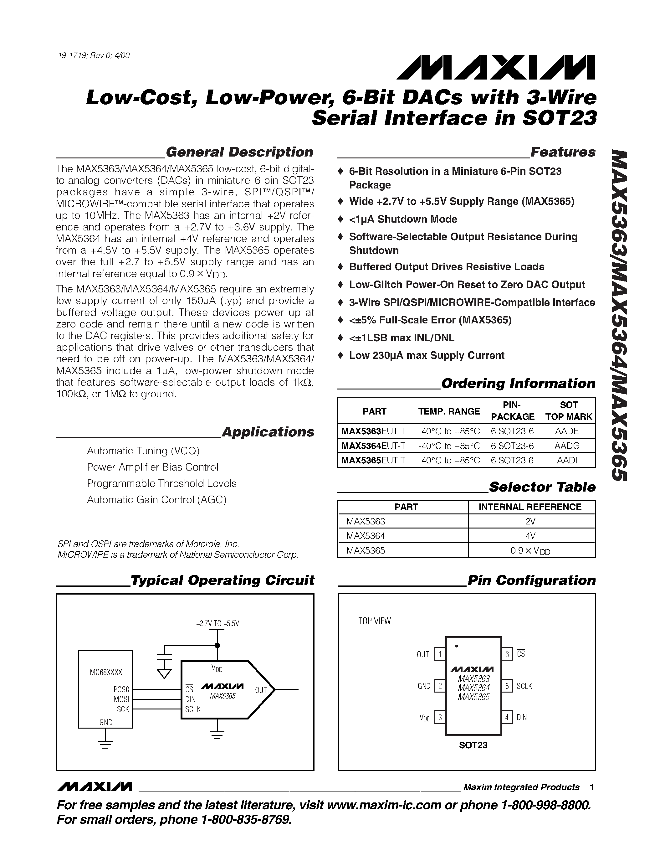 Datasheet MAX5365 - Low-Cost / Low-Power / 6-Bit DACs with 3-Wire Serial Interface in SOT23 page 1