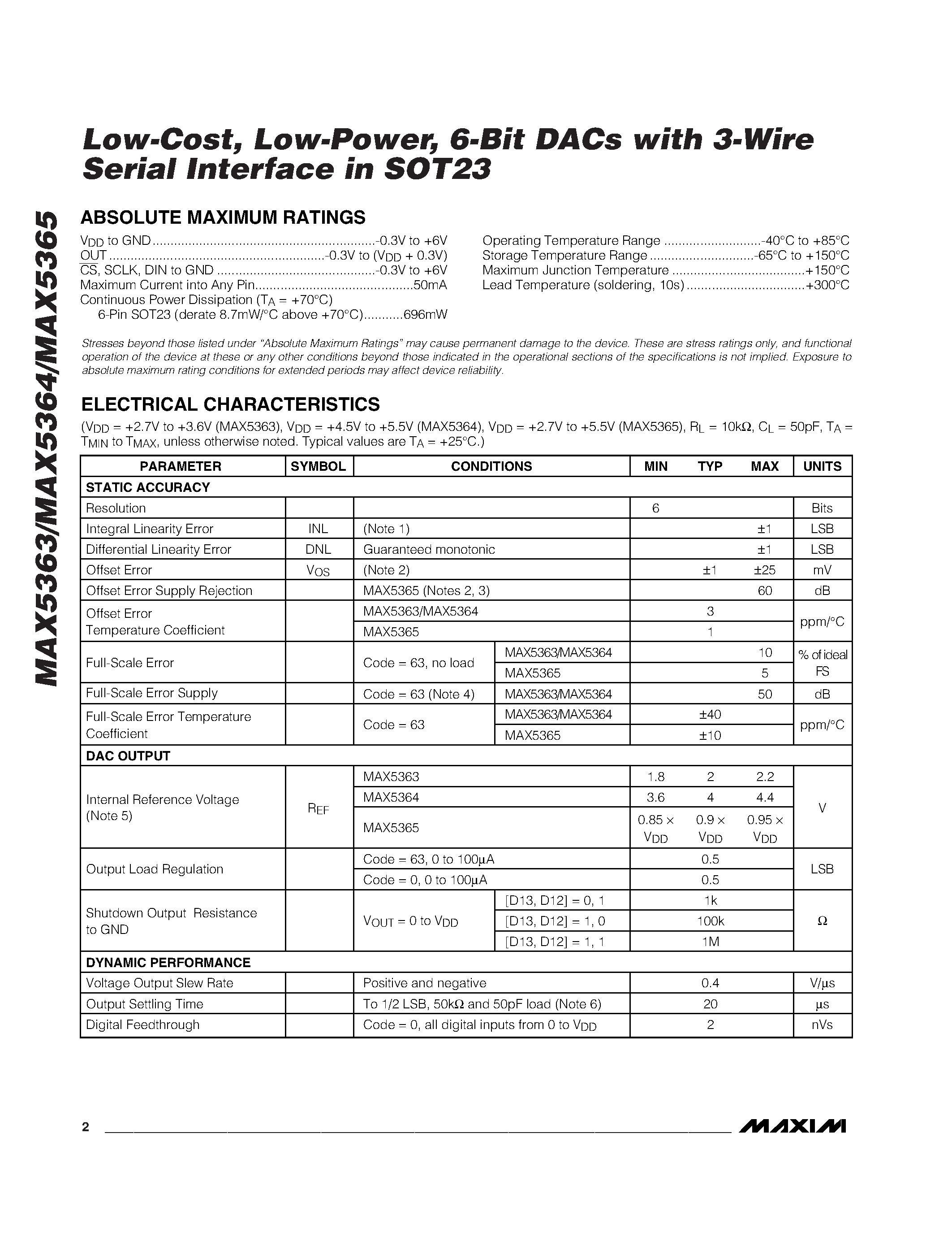 Datasheet MAX5365 - Low-Cost / Low-Power / 6-Bit DACs with 3-Wire Serial Interface in SOT23 page 2