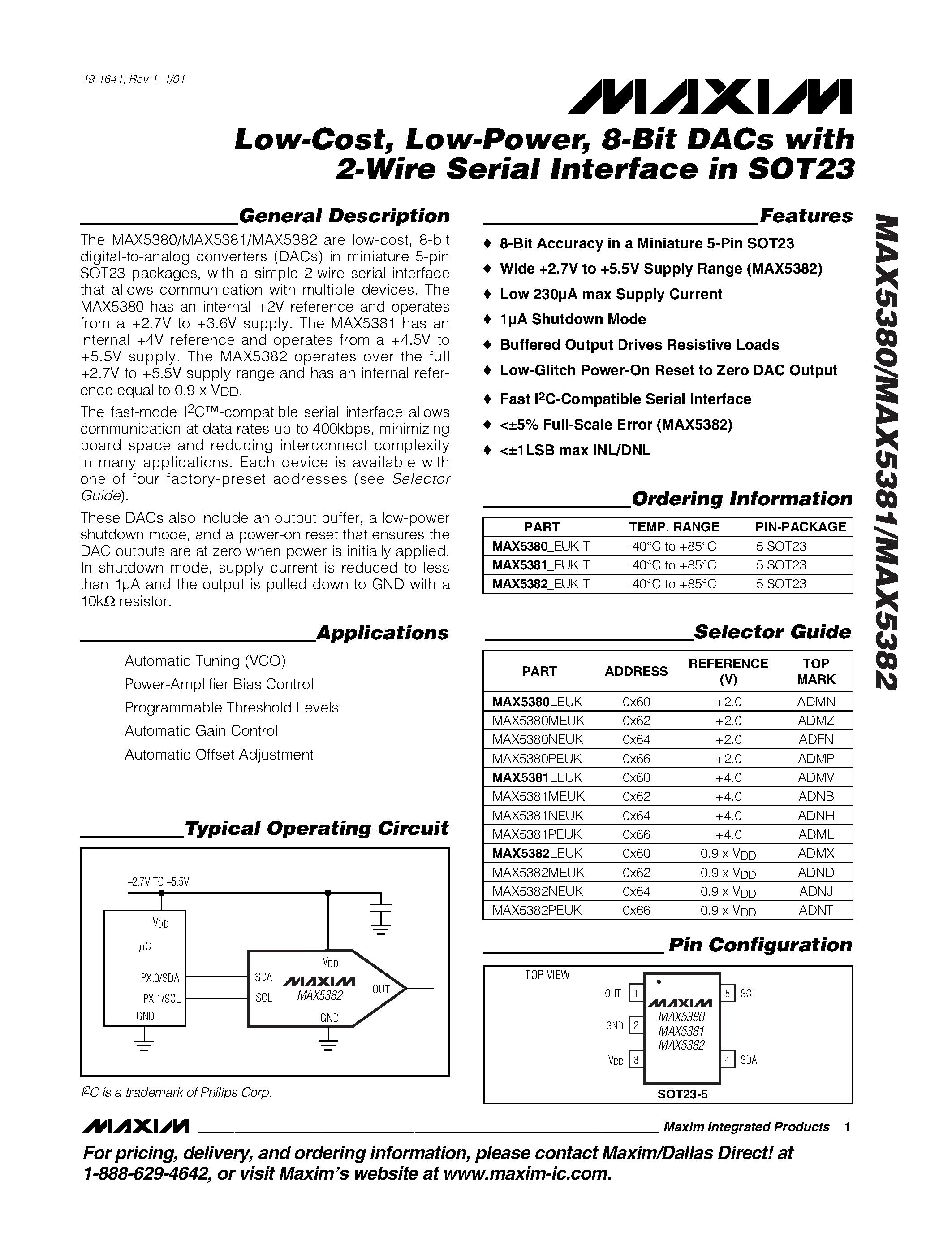 Даташит MAX5382NEUK - Low-Cost / Low-Power / 8-Bit DACs with 2-Wire Serial Interface in SOT23 страница 1