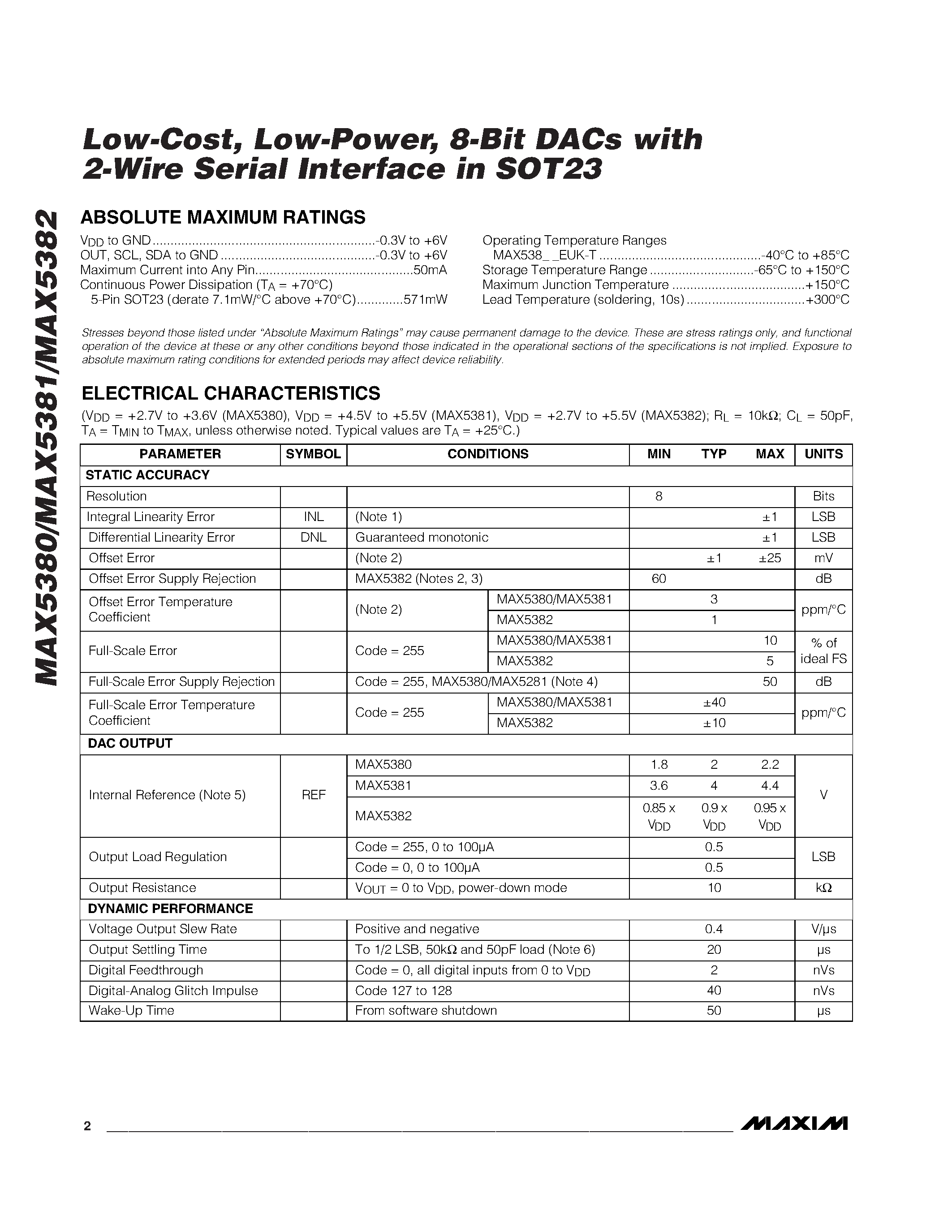 Datasheet MAX5382EUK-T - Low-Cost / Low-Power / 8-Bit DACs with 2-Wire Serial Interface in SOT23 page 2