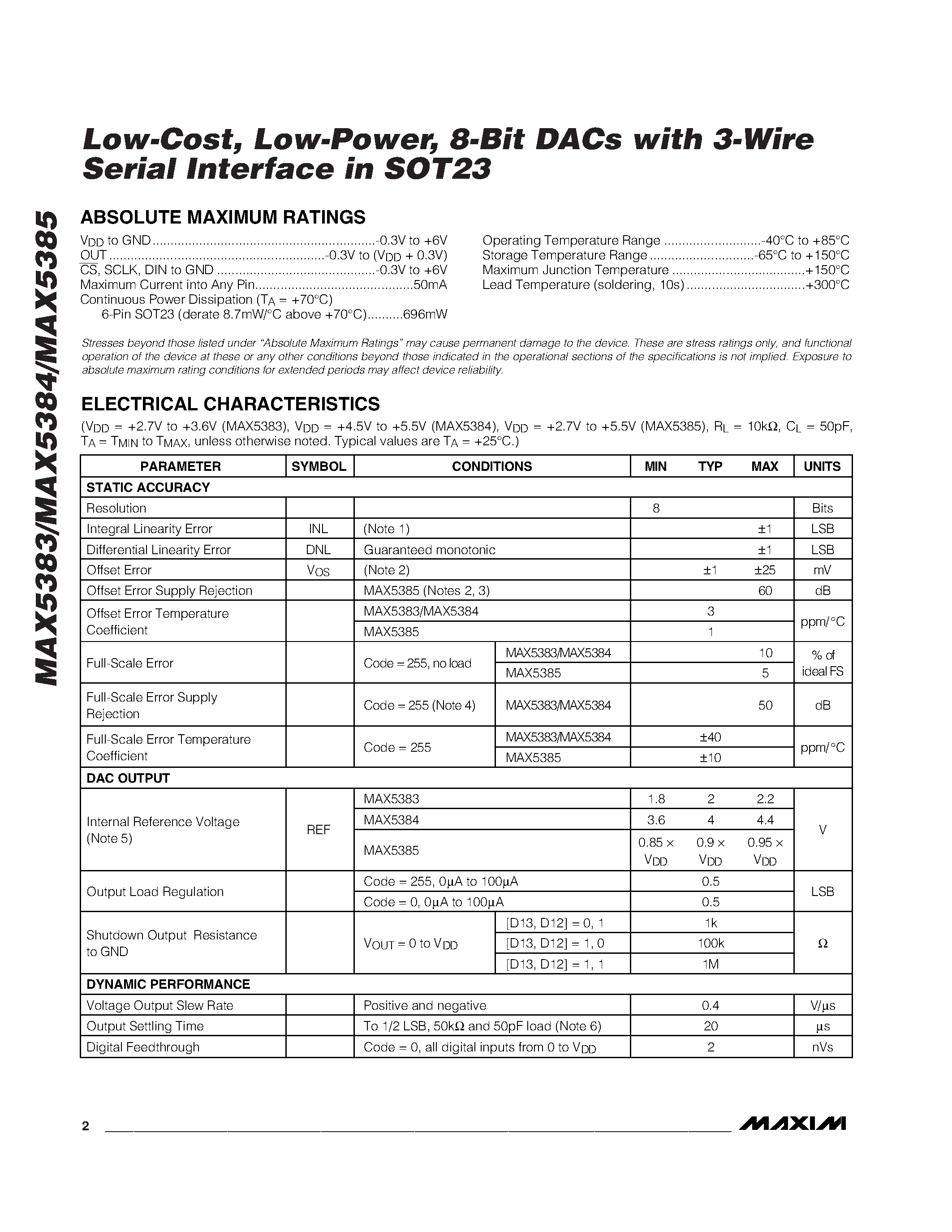 Даташит MAX5383 - Low-Cost / Low-Power / 8-Bit DACs with 3-Wire Serial Interface in SOT23 страница 2
