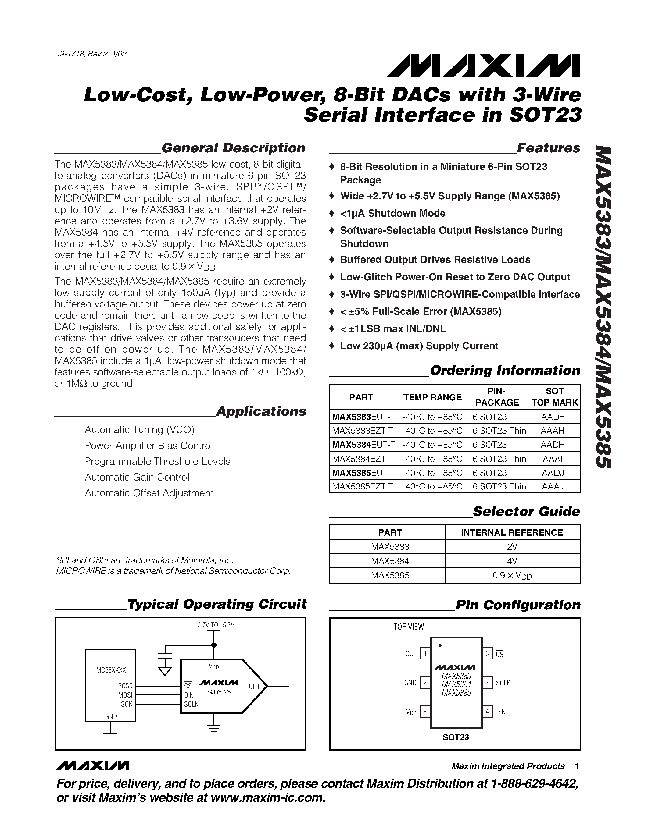 Даташит MAX5385 - Low-Cost / Low-Power / 8-Bit DACs with 3-Wire Serial Interface in SOT23 страница 1