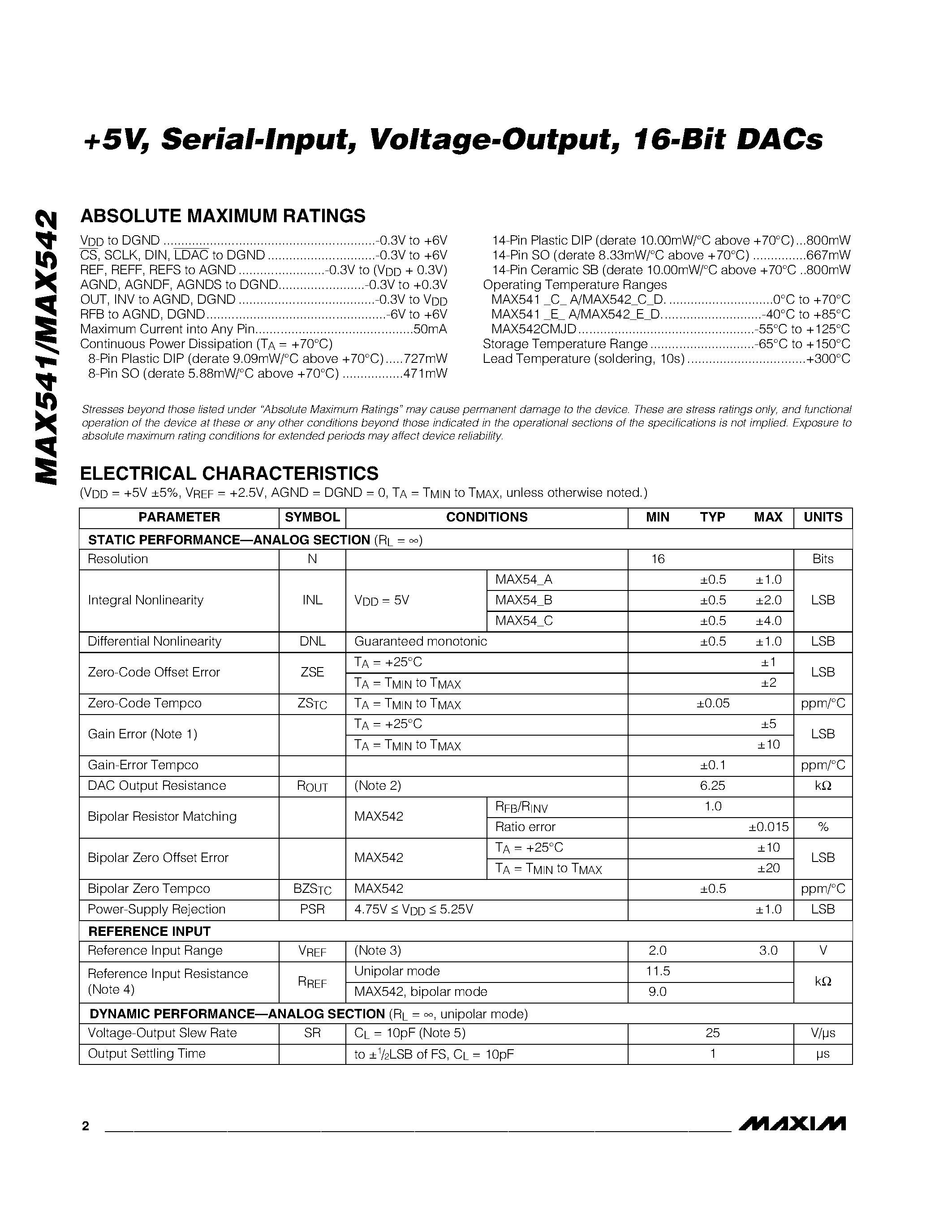 Даташит MAX541 - +5V / Serial-Input / Voltage-Output / 16-Bit DACs страница 2