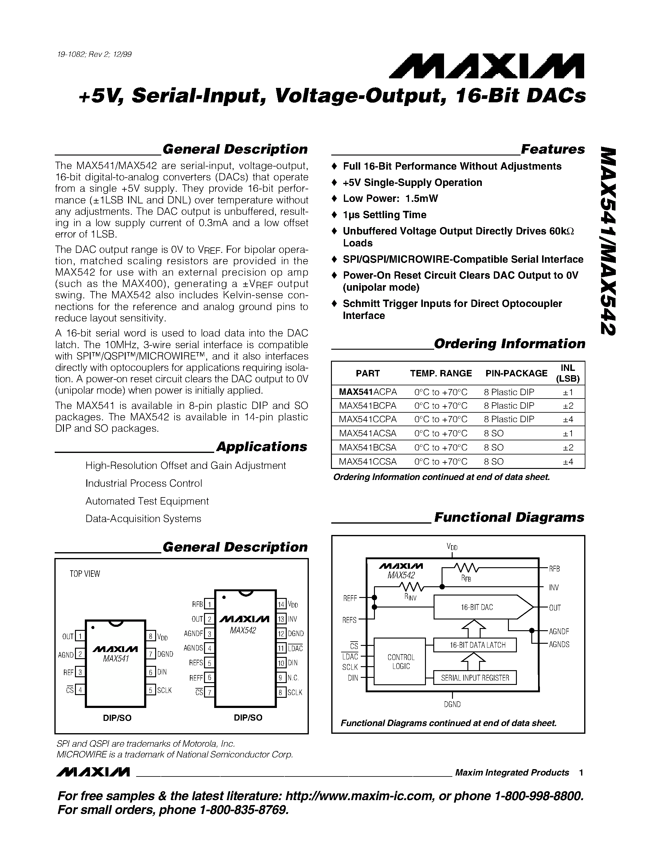 Даташит MAX542 - +5V / Serial-Input / Voltage-Output / 16-Bit DACs страница 1