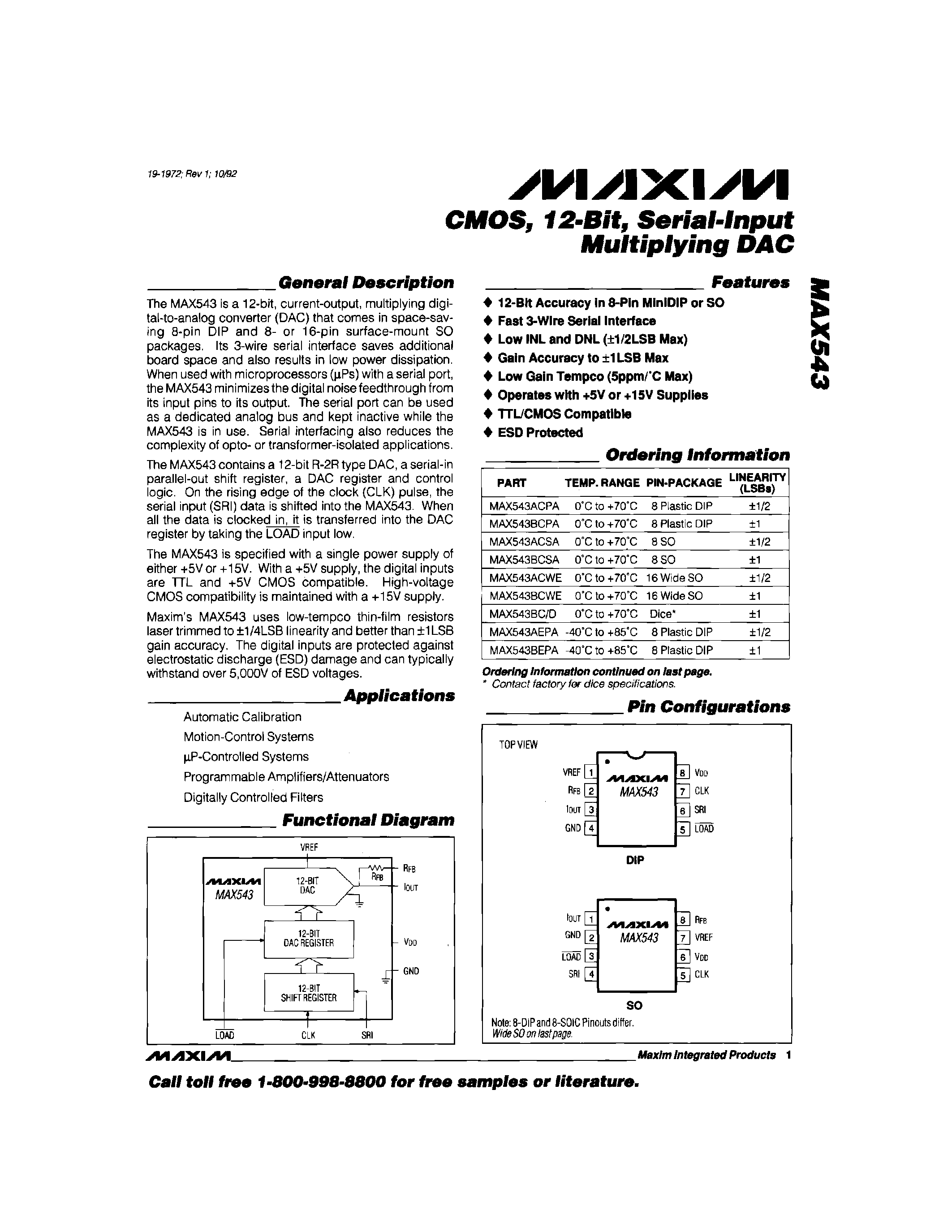 Datasheet MAX543 - CMOS / 12-Bit / Seral-Input Multiplying DAC page 1