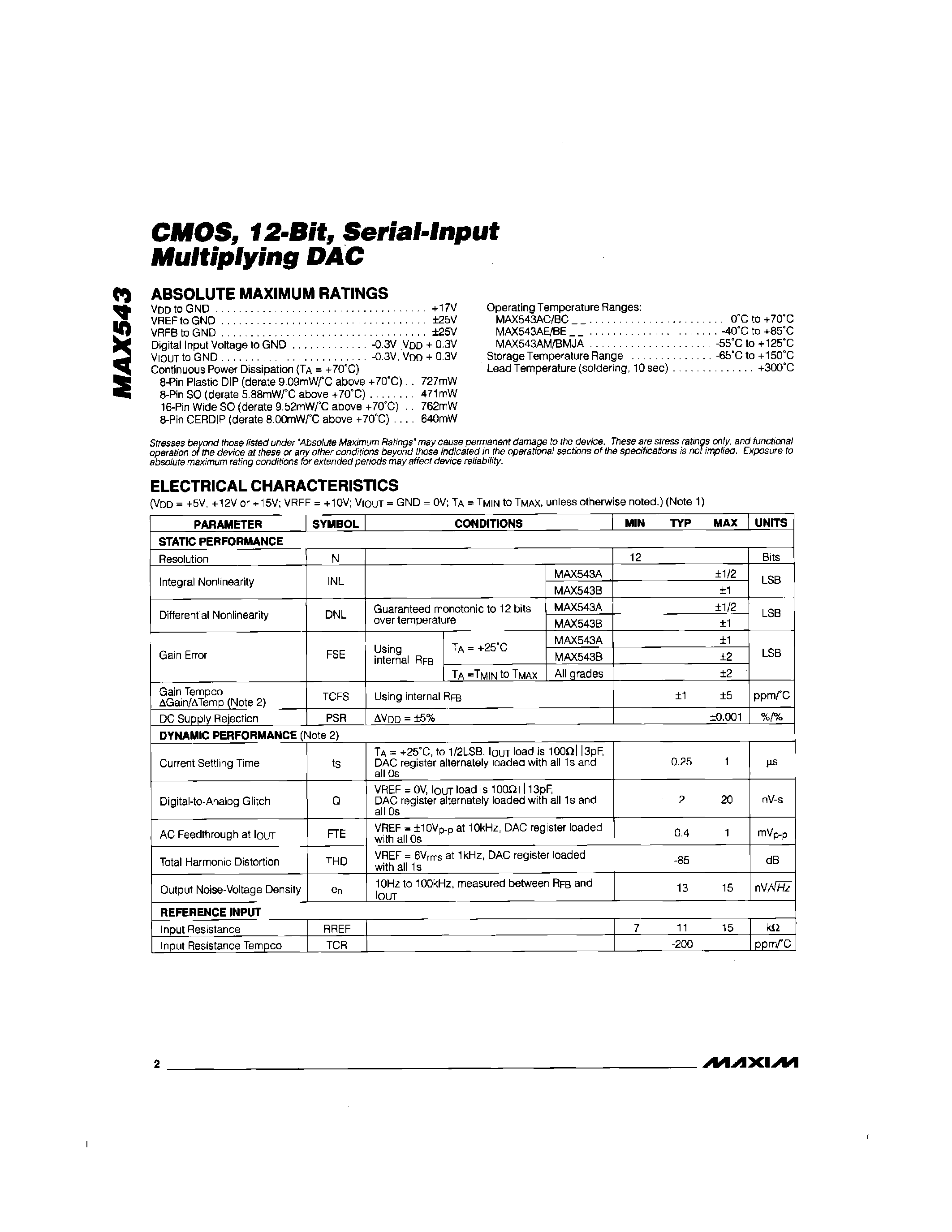 Datasheet MAX543 - CMOS / 12-Bit / Seral-Input Multiplying DAC page 2