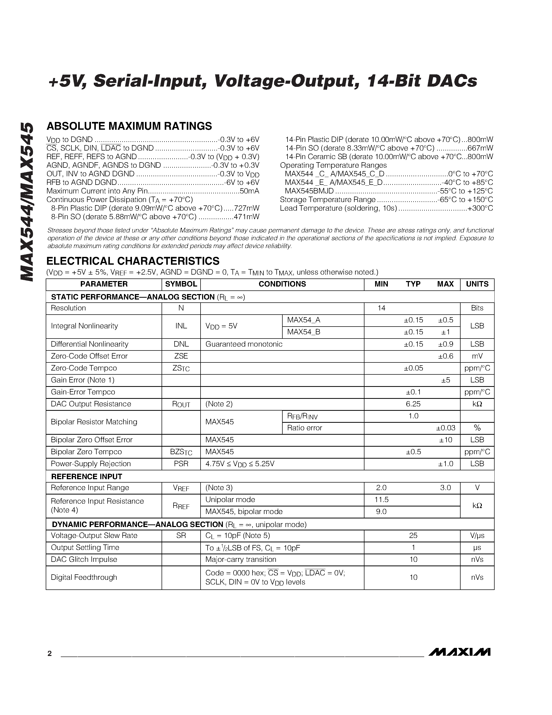Даташит MAX544 - +5V / Serial-Input / Voltage-Output / 14-Bit DACs страница 2