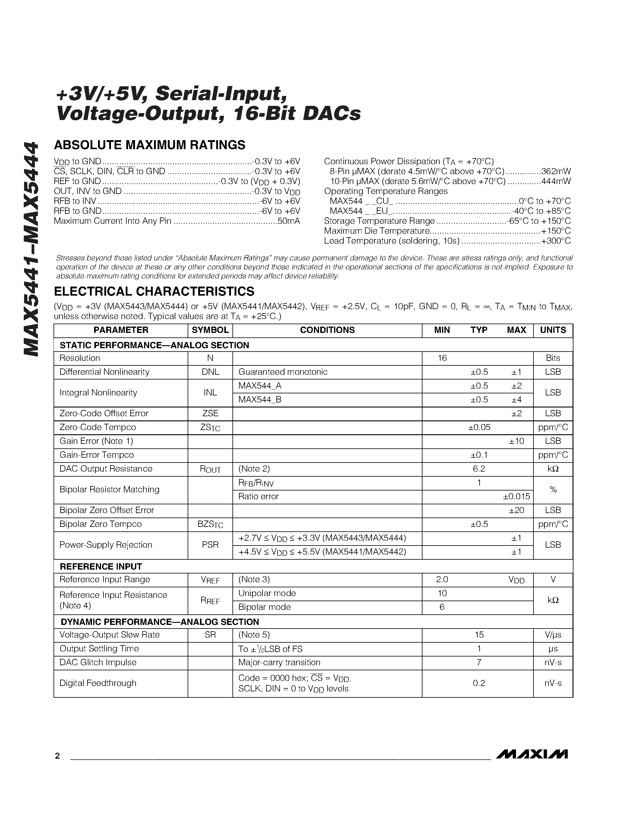 Даташит MAX5442 - +3V/+5V / Serial-Input / Voltage-Output / 16-Bit DACs страница 2