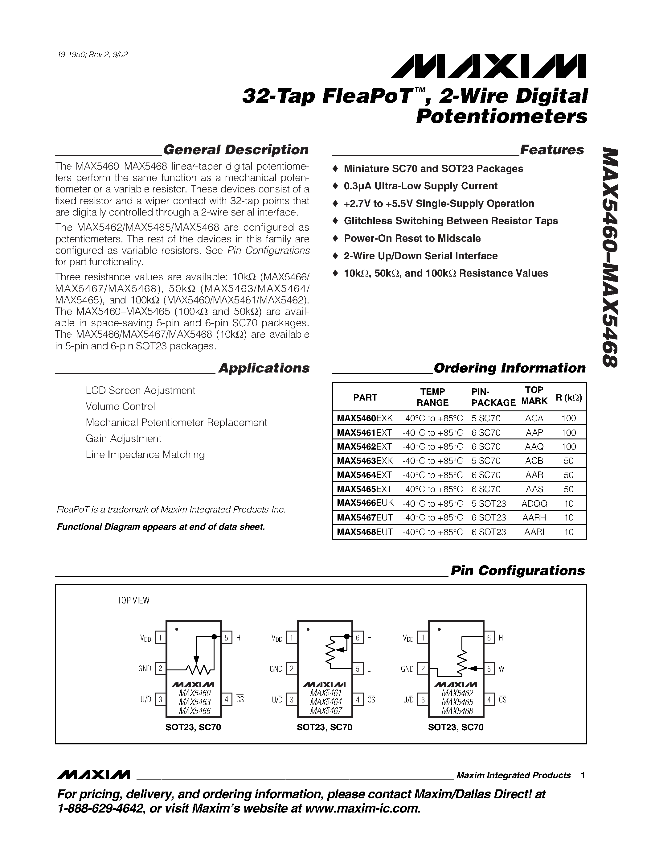 Datasheet MAX5462 - 32-Tap FleaPoT / 2-Wire Digital Potentiometers page 1