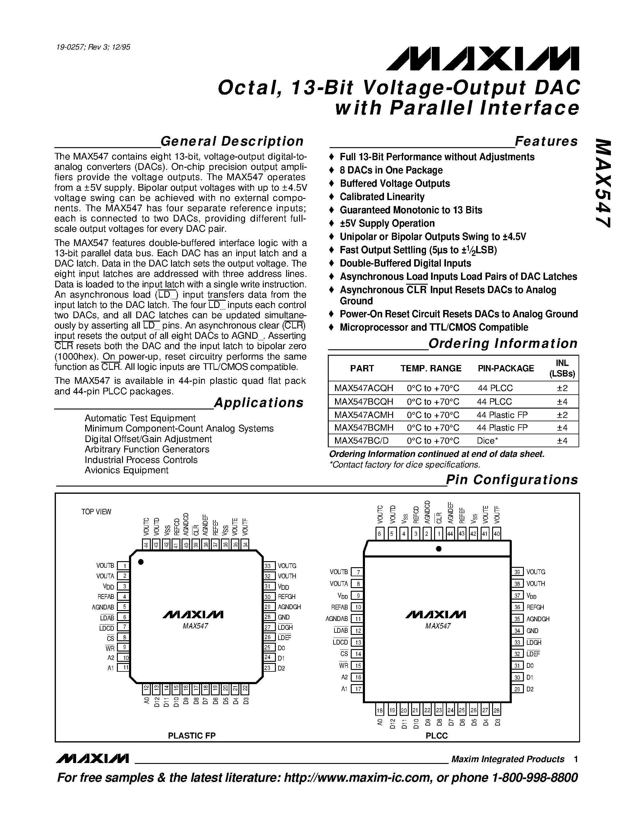 Datasheet MAX547 - Octal / 13-Bit Voltage-Output DAC with Parallel Interface page 1