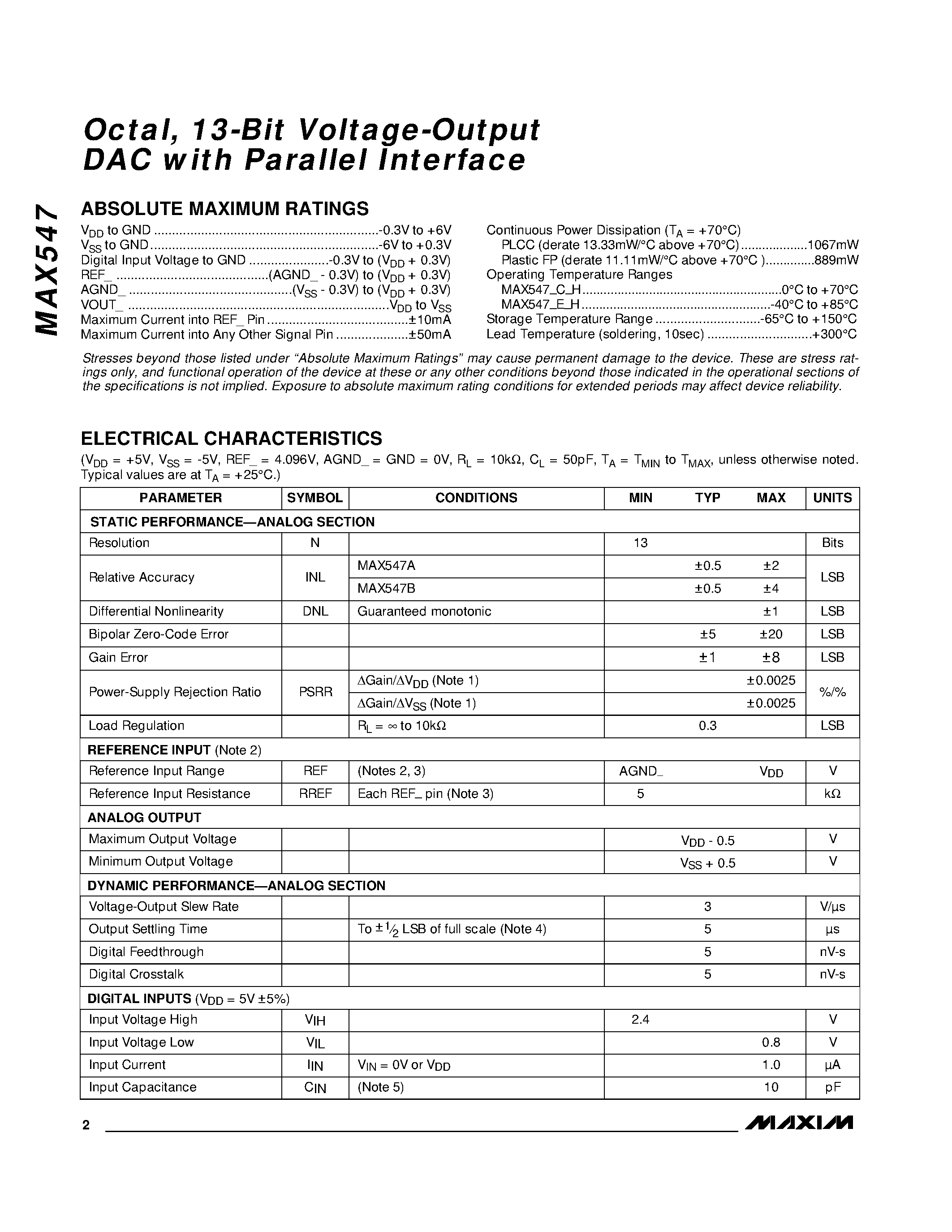 Datasheet MAX547 - Octal / 13-Bit Voltage-Output DAC with Parallel Interface page 2