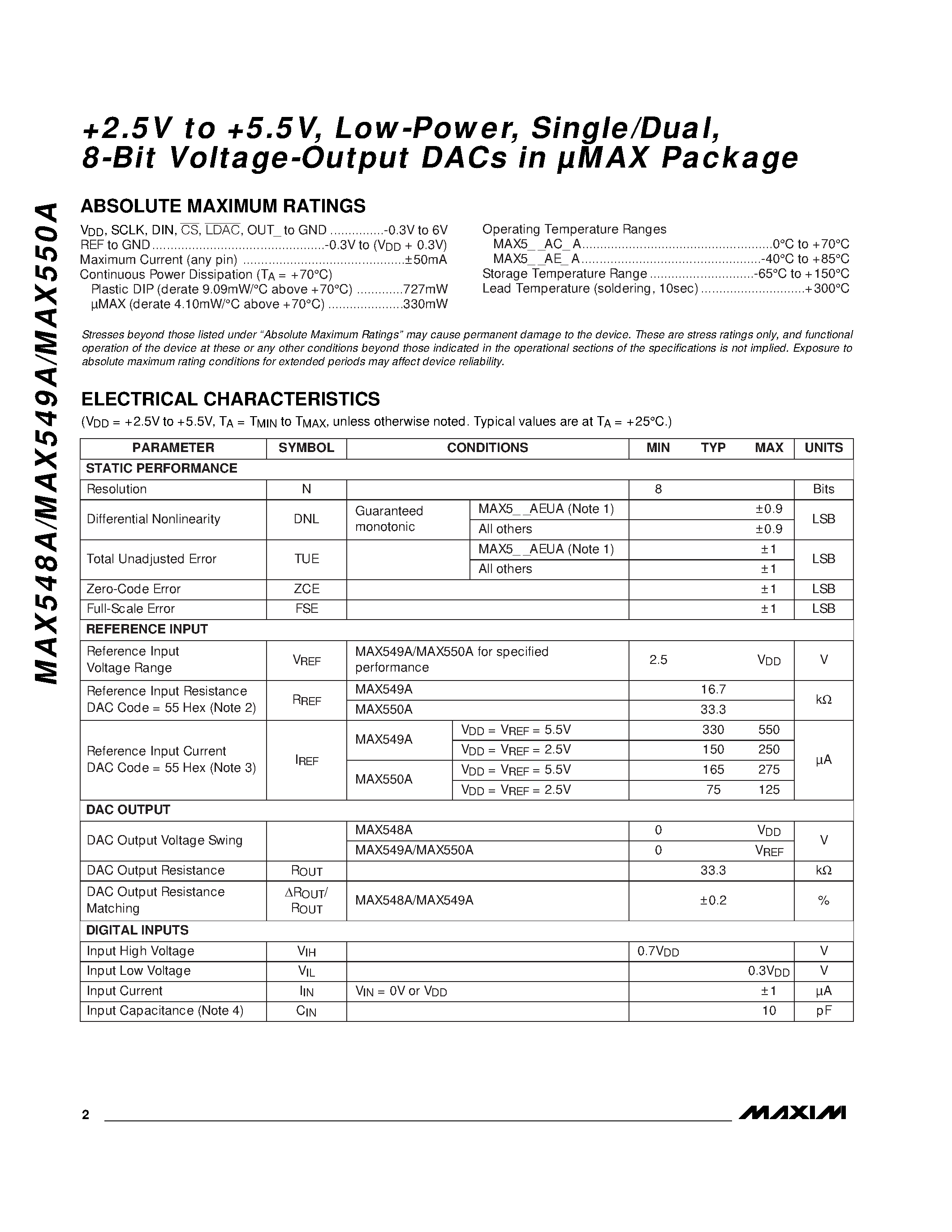 Даташит MAX548 - +2.5V to +5.5V / Low-Power / Single/Dual / 8-Bit Voltage-Output DACs in MAX Package страница 2