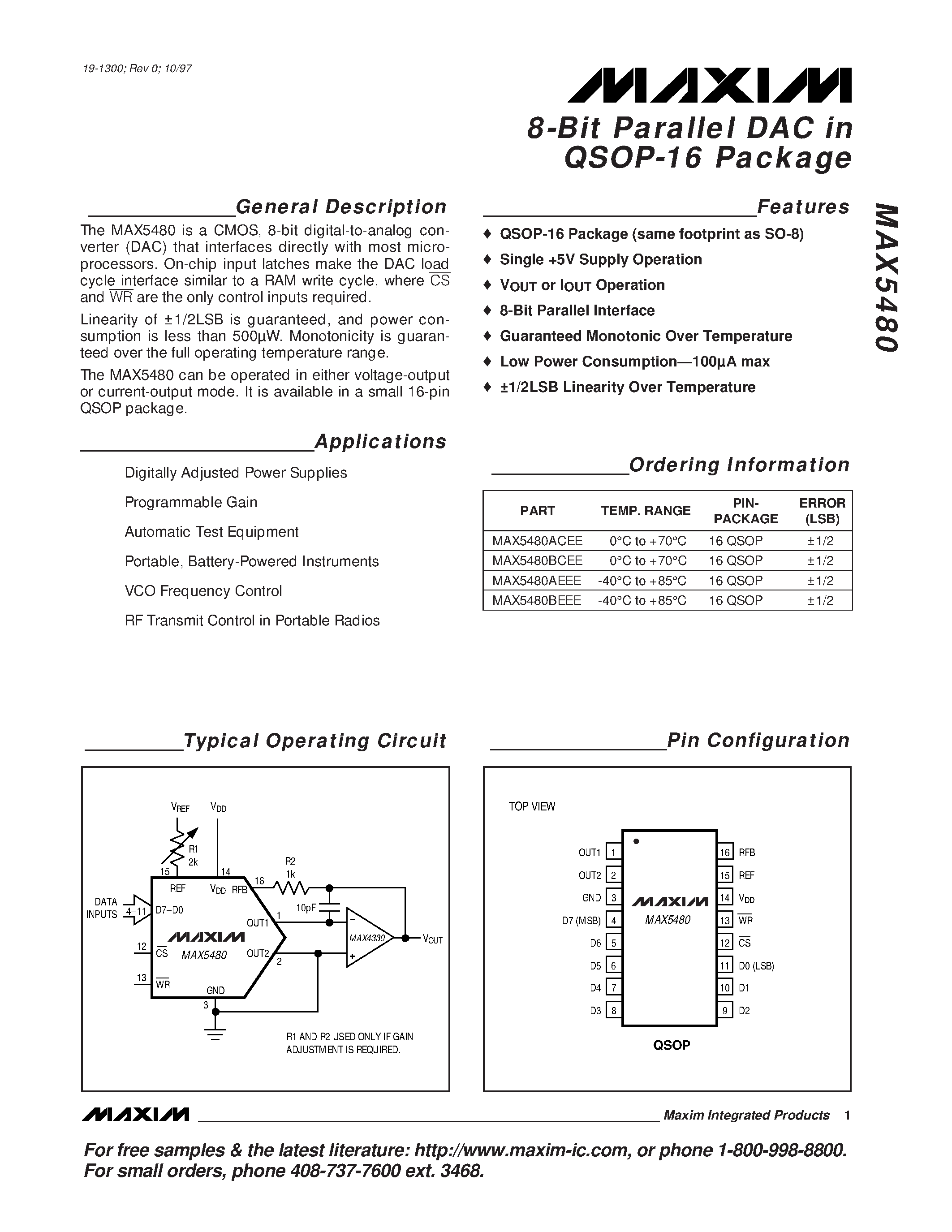 Datasheet MAX5480 - 8-Bit Parallel DAC in QSOP-16 Package page 1