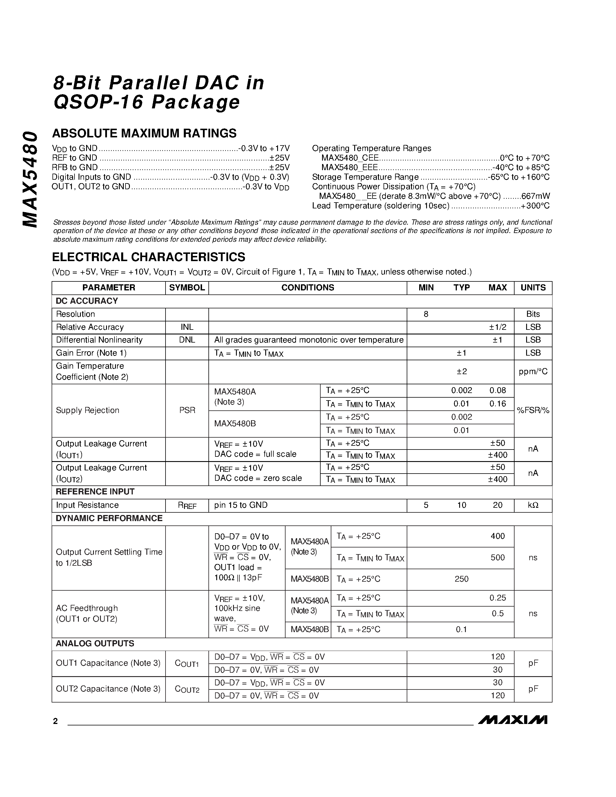 Datasheet MAX5480 - 8-Bit Parallel DAC in QSOP-16 Package page 2