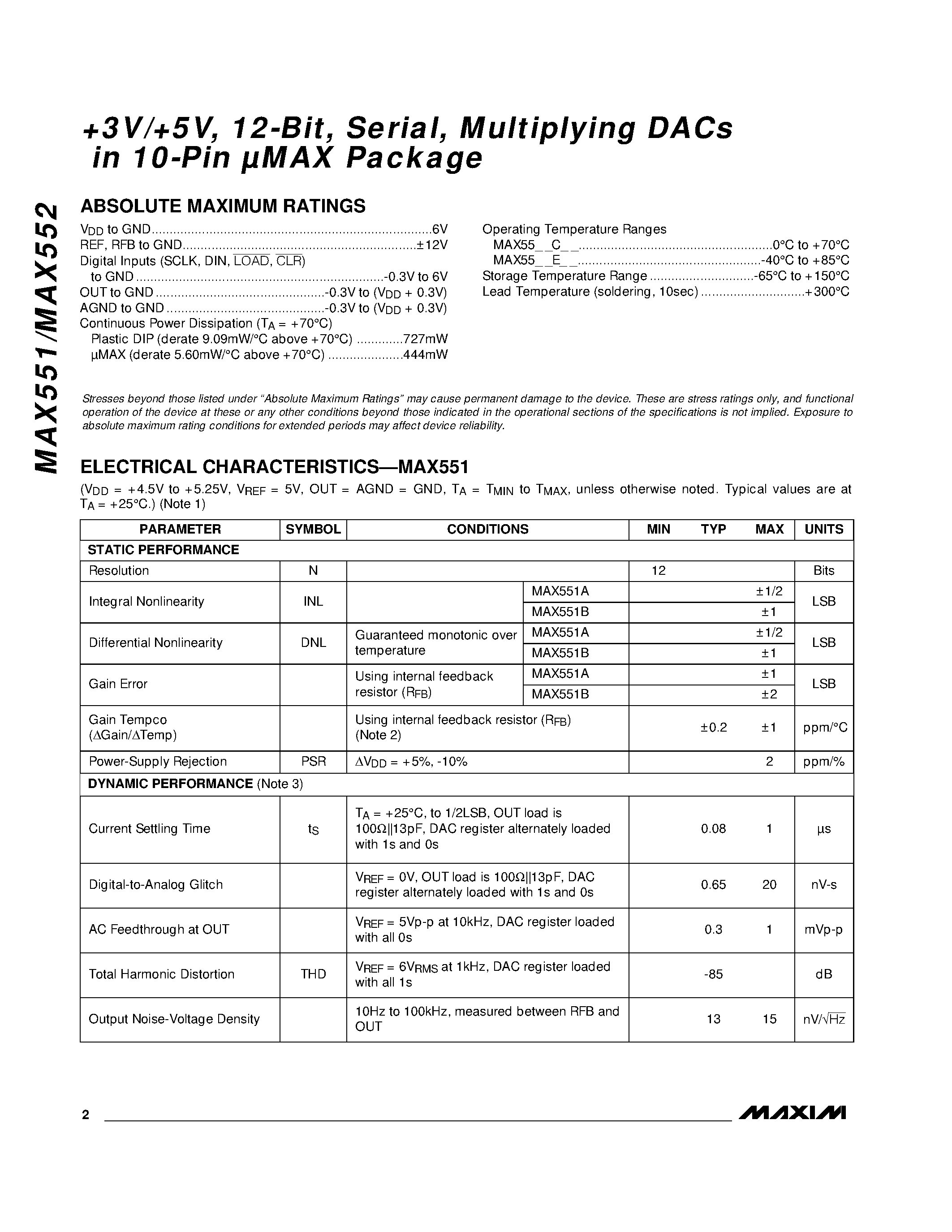 Даташит MAX551 - +3V/+5V / 12-Bit / Serial / Multiplying DACs in 10-Pin MAX Package страница 2
