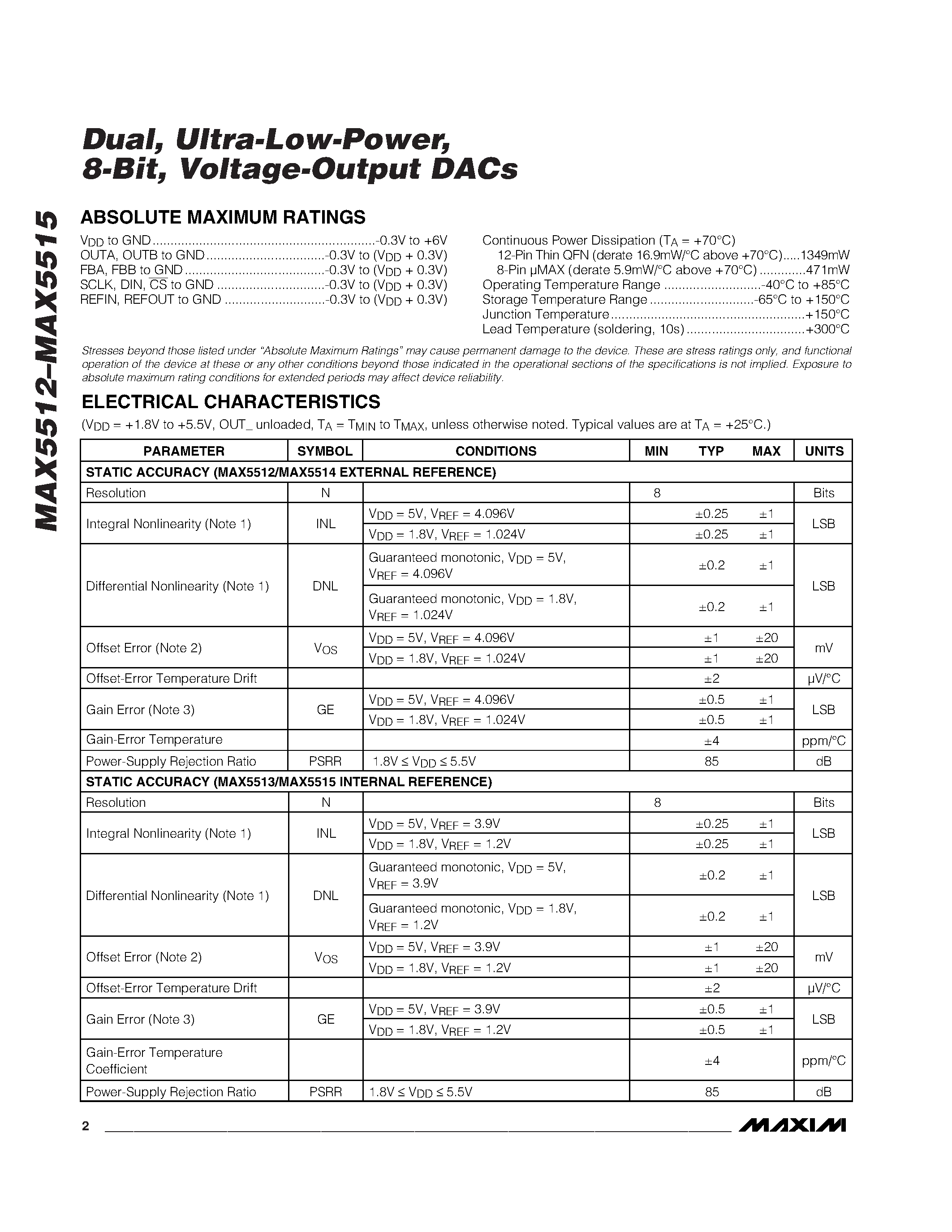 Даташит MAX5514ETC - Dual / Ultra-Low-Power / 8-Bit / Voltage-Output DACs страница 2