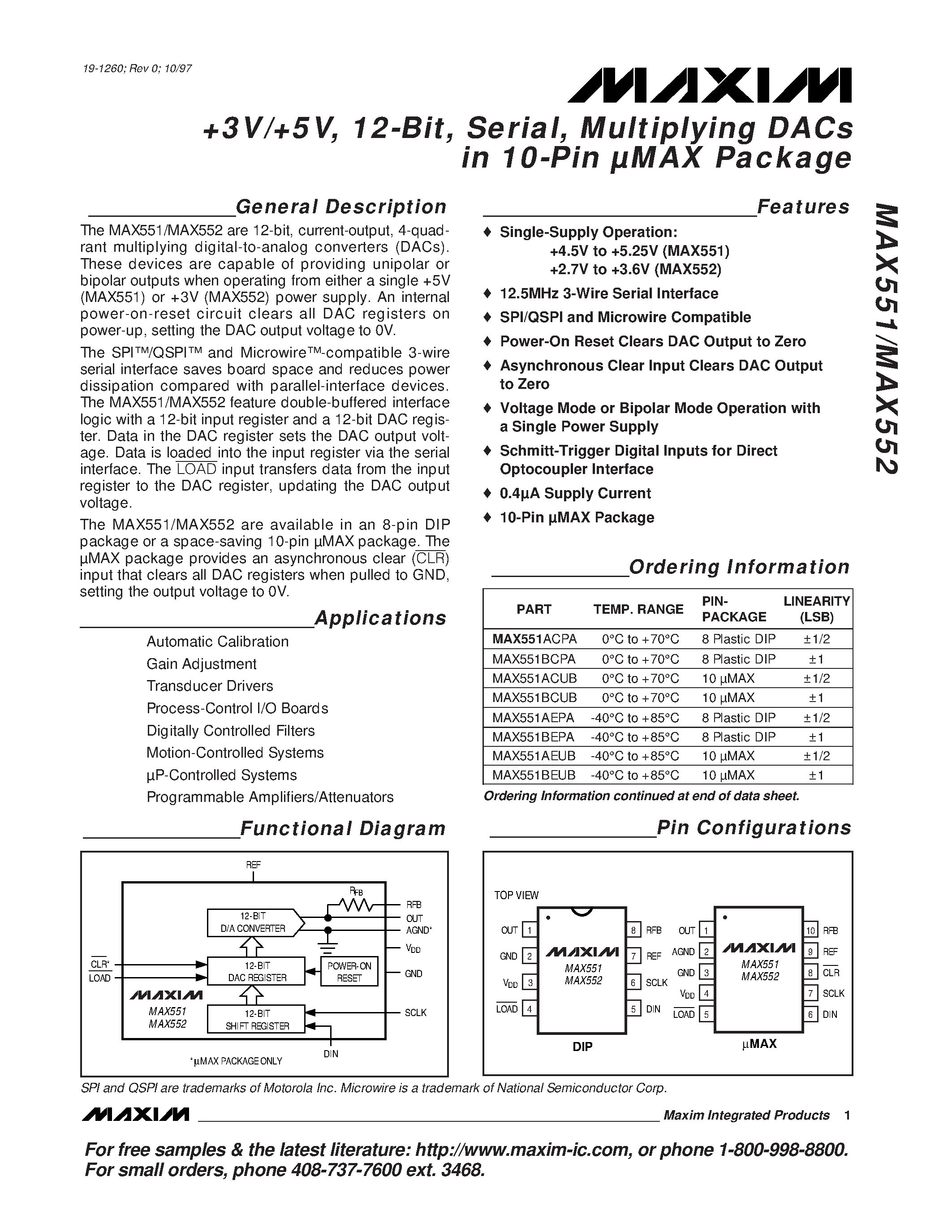 Даташит MAX552 - +3V/+5V / 12-Bit / Serial / Multiplying DACs in 10-Pin MAX Package страница 1