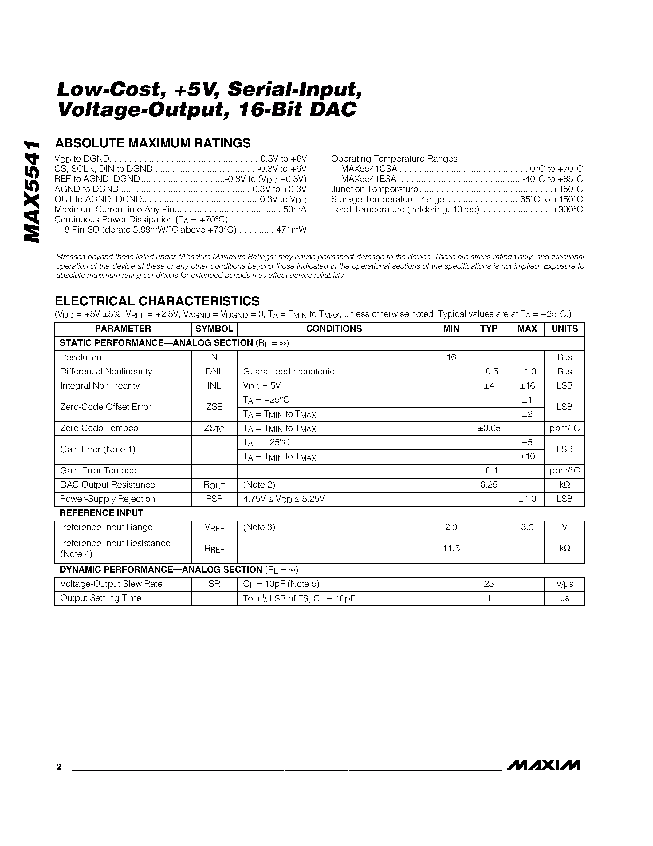 Datasheet MAX5541 - Low-Cost / +5V / Serial-Input / Voltage-Output / 16-Bit DAC page 2