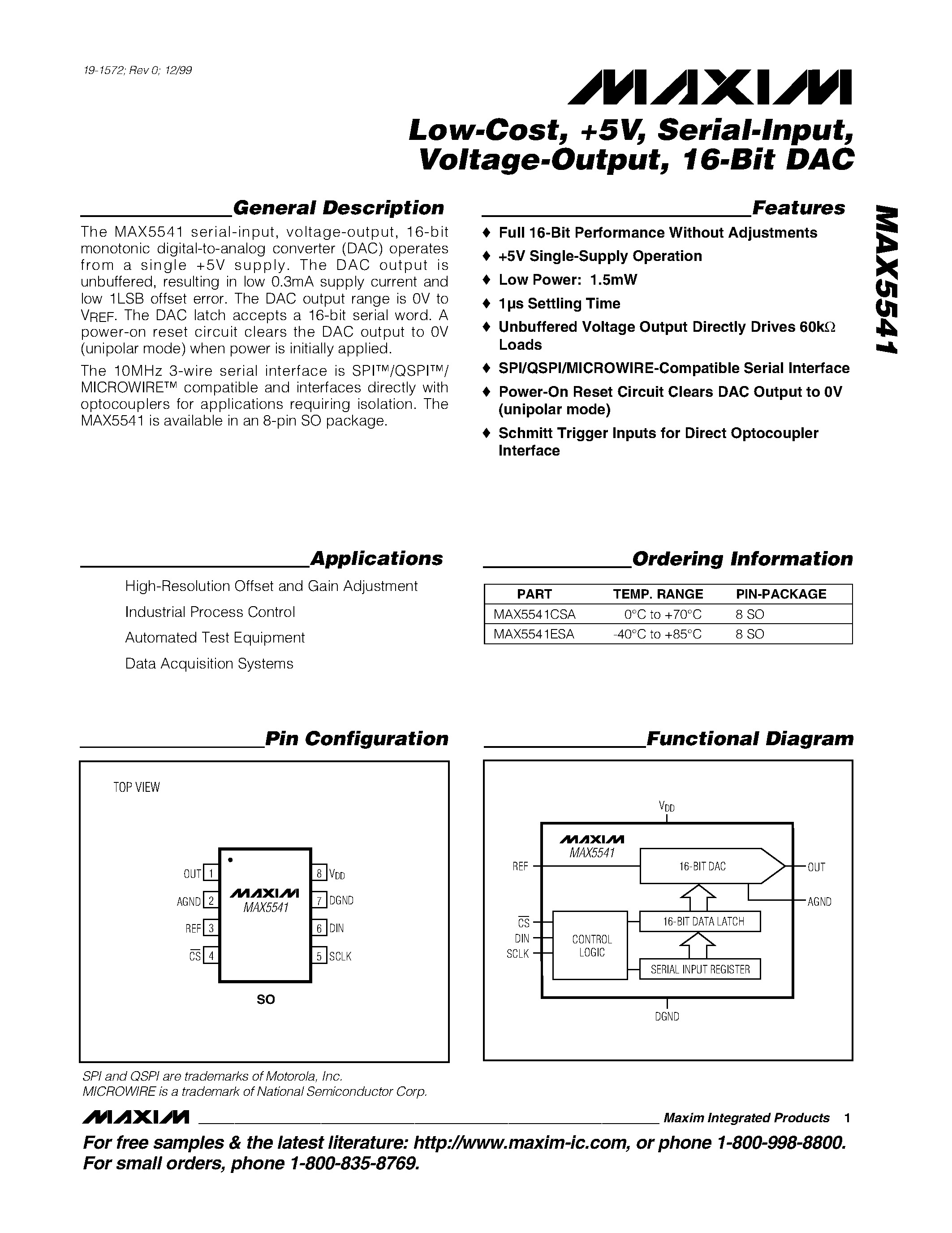 Datasheet MAX5541ESA - Low-Cost / +5V / Serial-Input / Voltage-Output / 16-Bit DAC page 1