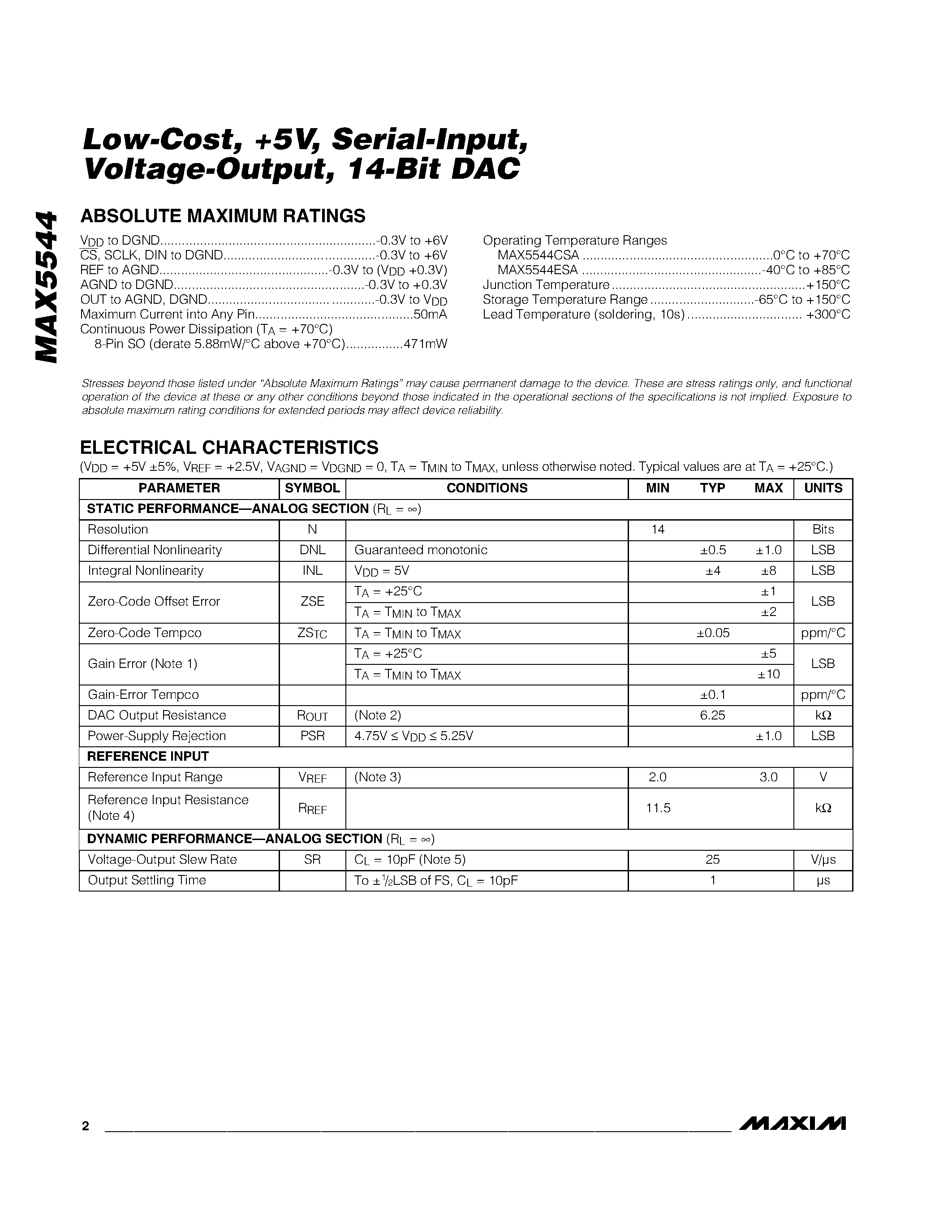 Datasheet MAX5544ESA - Low-Cost / +5V / Serial-Input / Voltage-Output / 14-Bit DAC page 2