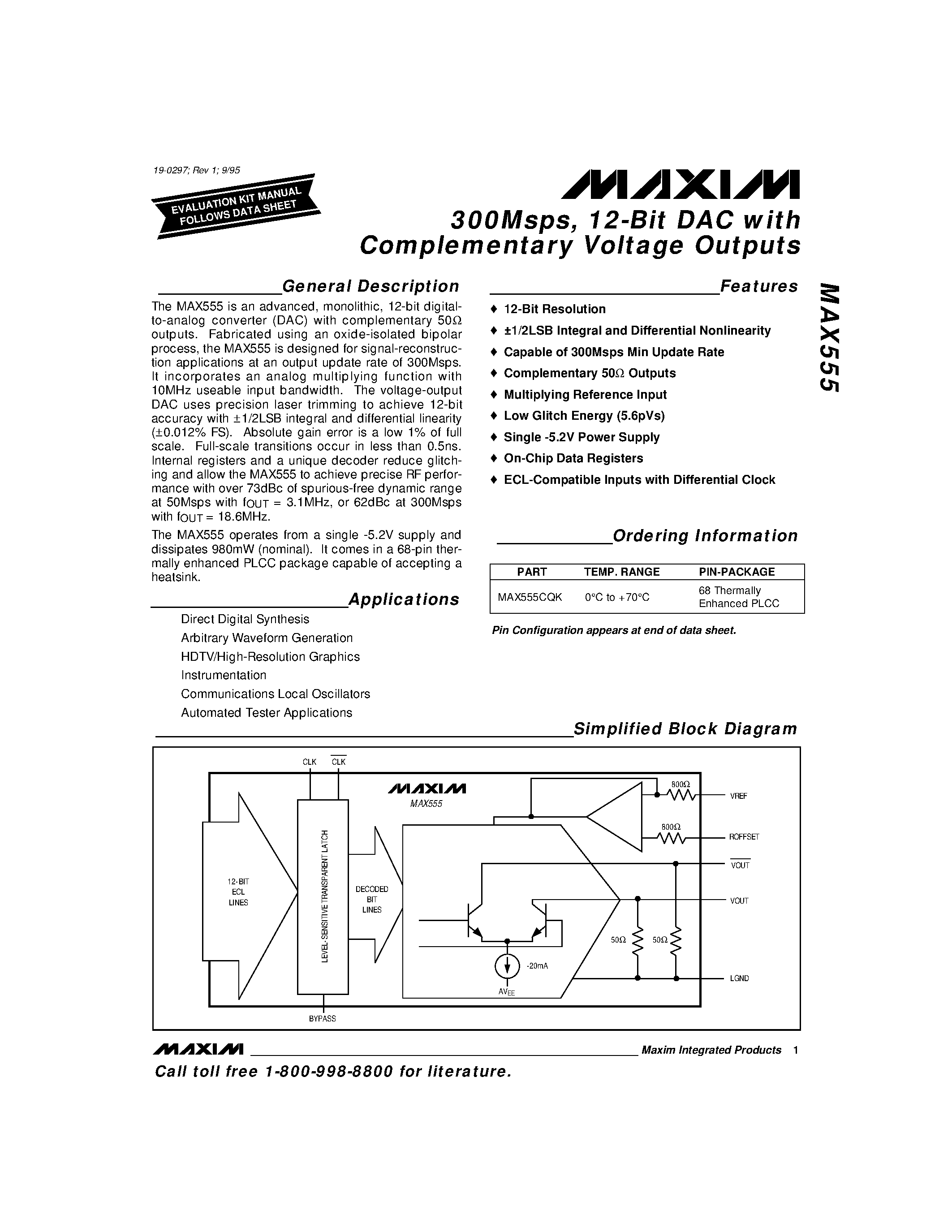 Datasheet MAX555 - 300Msps / 12-Bit DAC with Complementary Voltage Outputs page 1