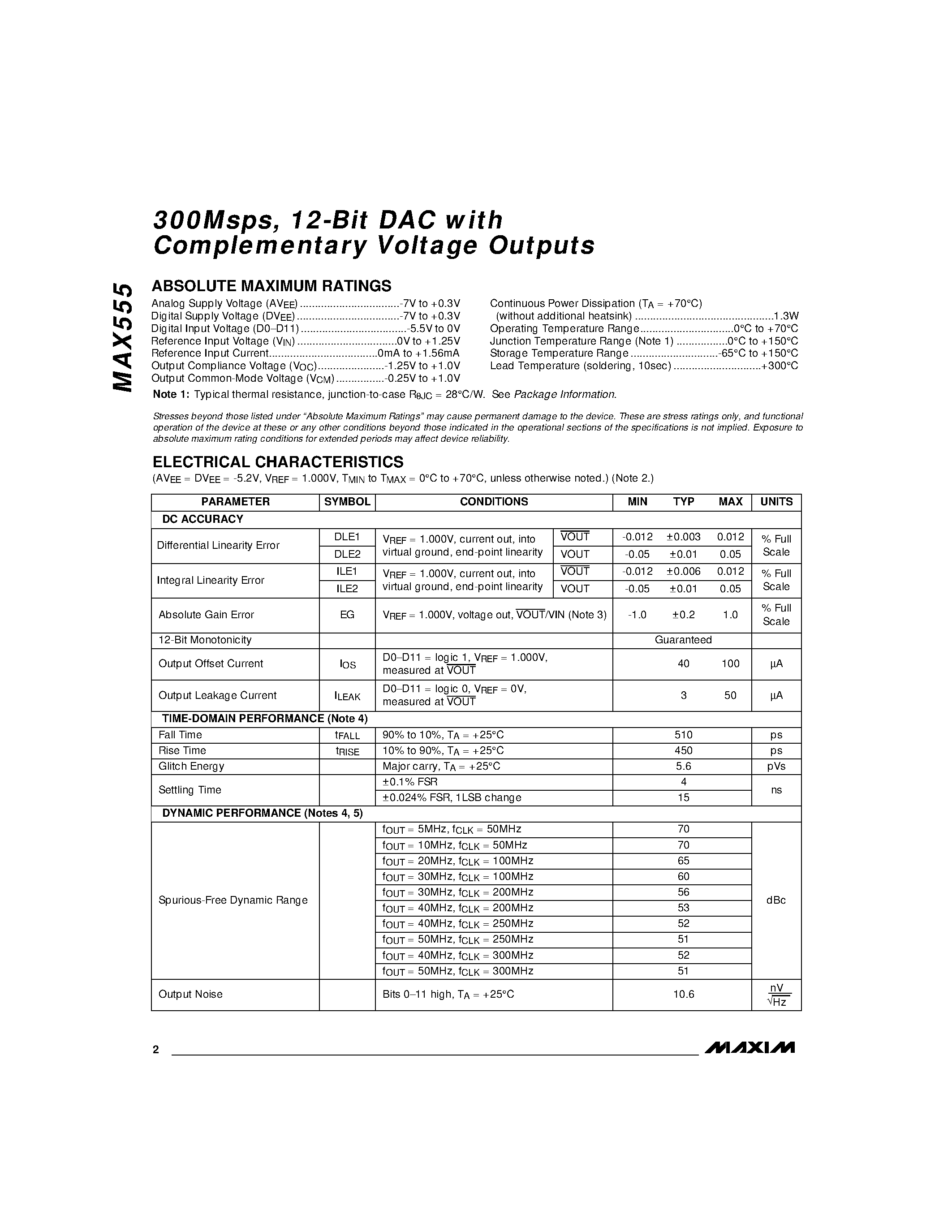 Datasheet MAX555 - 300Msps / 12-Bit DAC with Complementary Voltage Outputs page 2