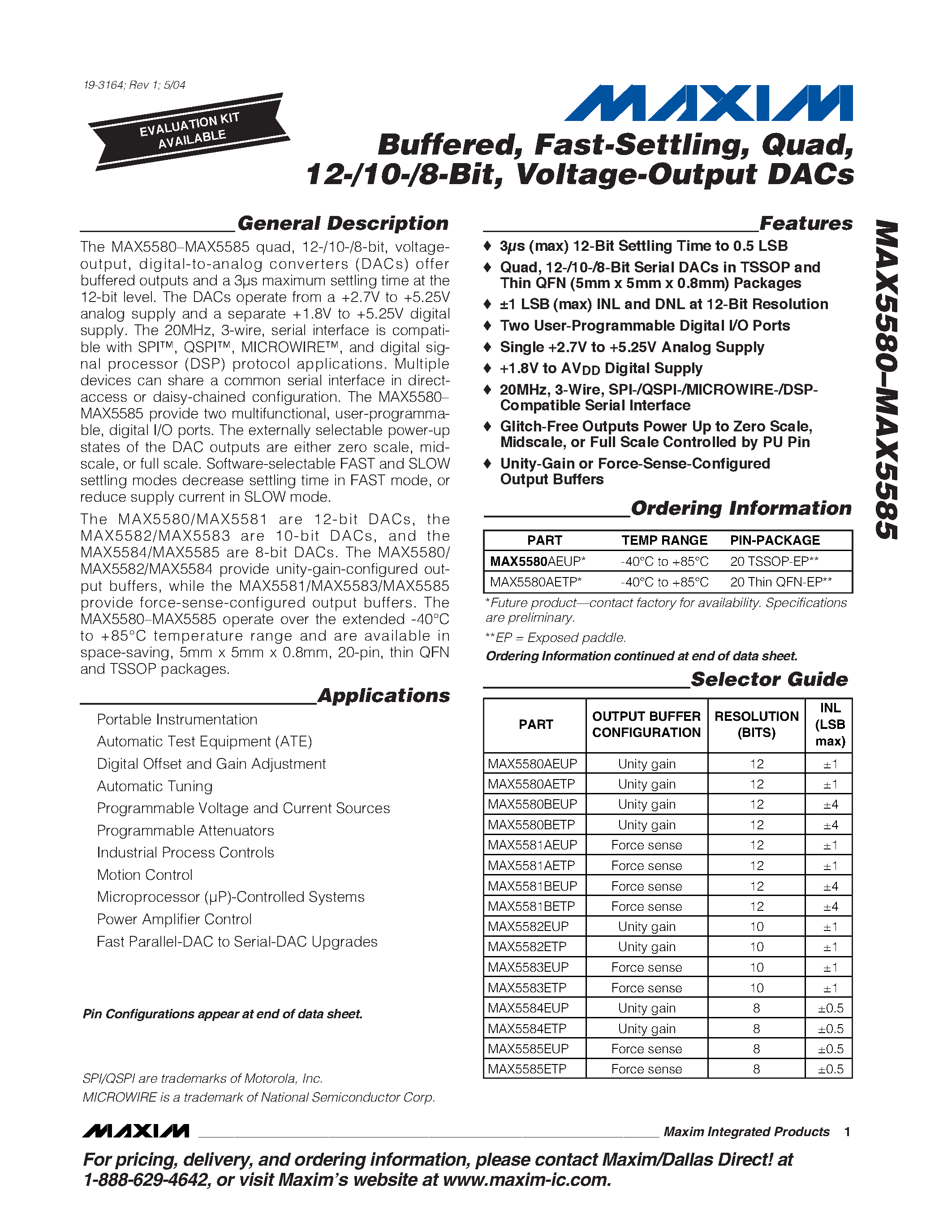 Даташит MAX5580-MAX5585 - Buffered / Fast-Settling / Quad / 12-/10-/8-Bit / Voltage-Output DACs страница 1