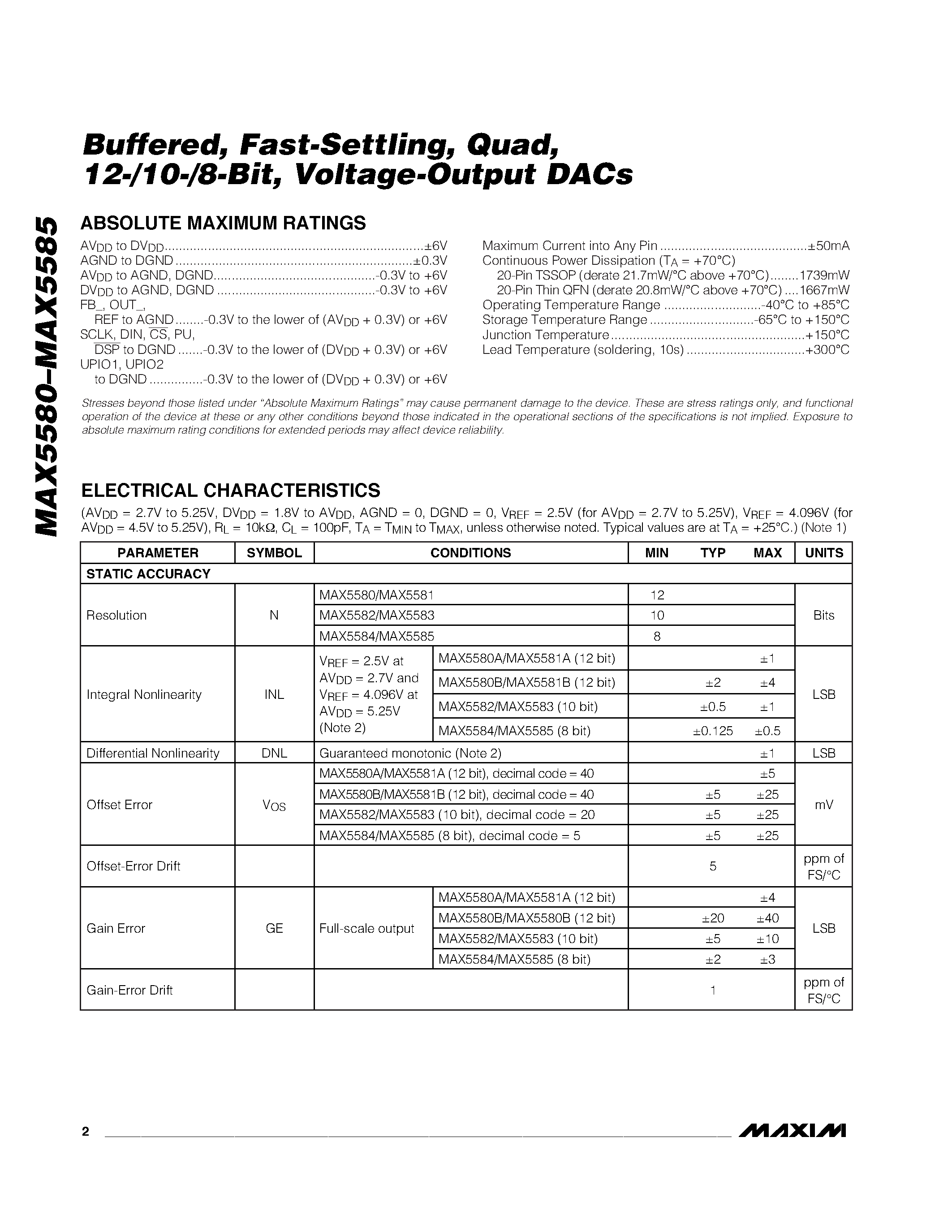 Даташит MAX5581 - Buffered / Fast-Settling / Quad / 12-/10-/8-Bit / Voltage-Output DACs страница 2