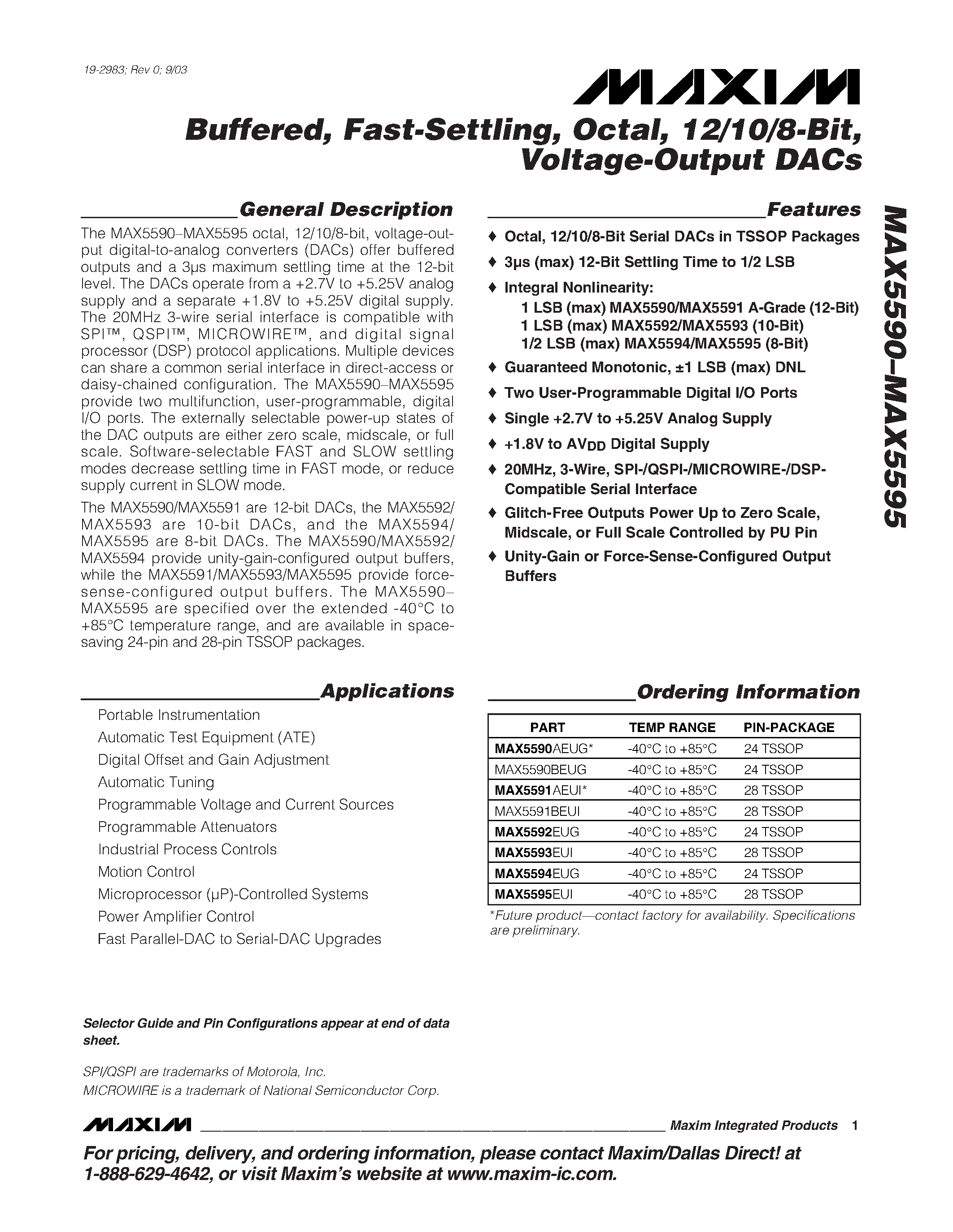 Даташит MAX5593EUI - Buffered / Fast-Settling / Octal / 12/10/8-Bit / Voltage-Output DACs страница 1