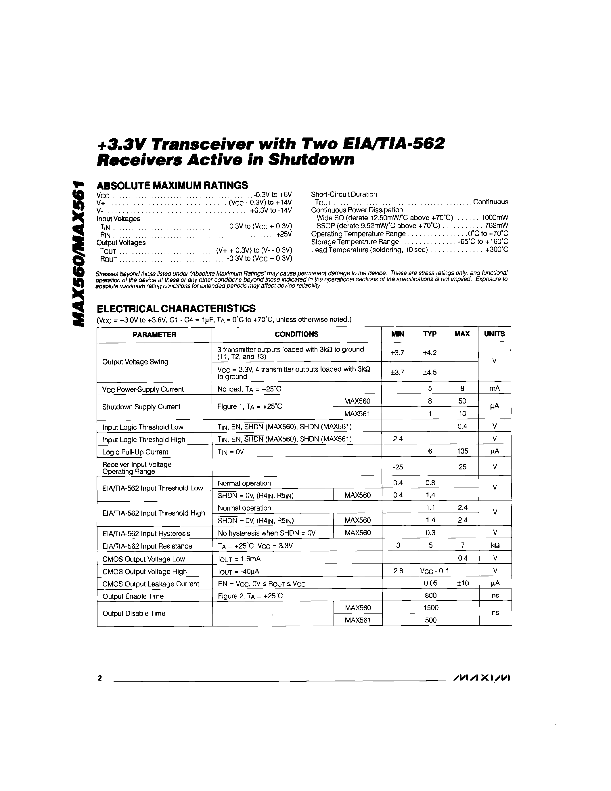 Даташит MAX560 - +3.3V Transceiver with Wow EIA/TIA-562 Receivers Active in Shutdown страница 2