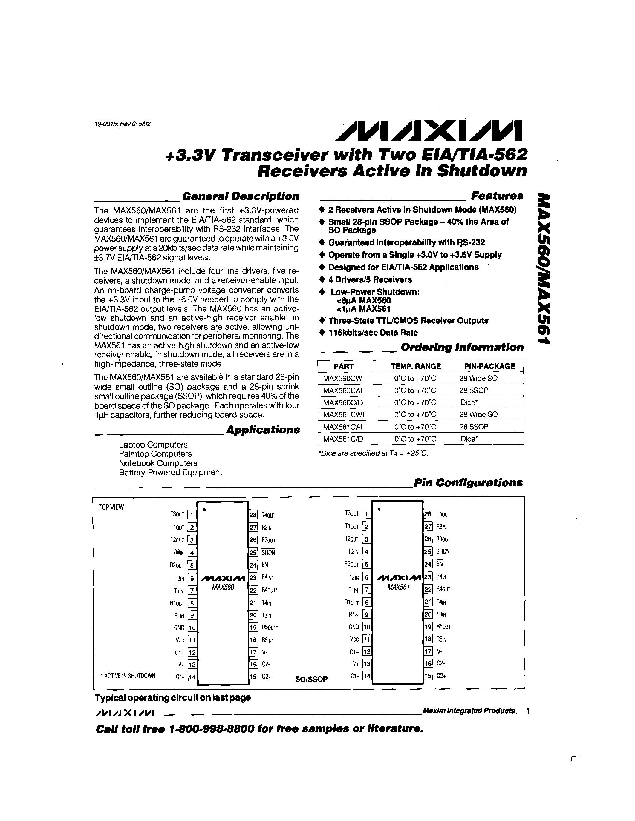 Даташит MAX561CWI - +3.3V Transceiver with Wow EIA/TIA-562 Receivers Active in Shutdown страница 1