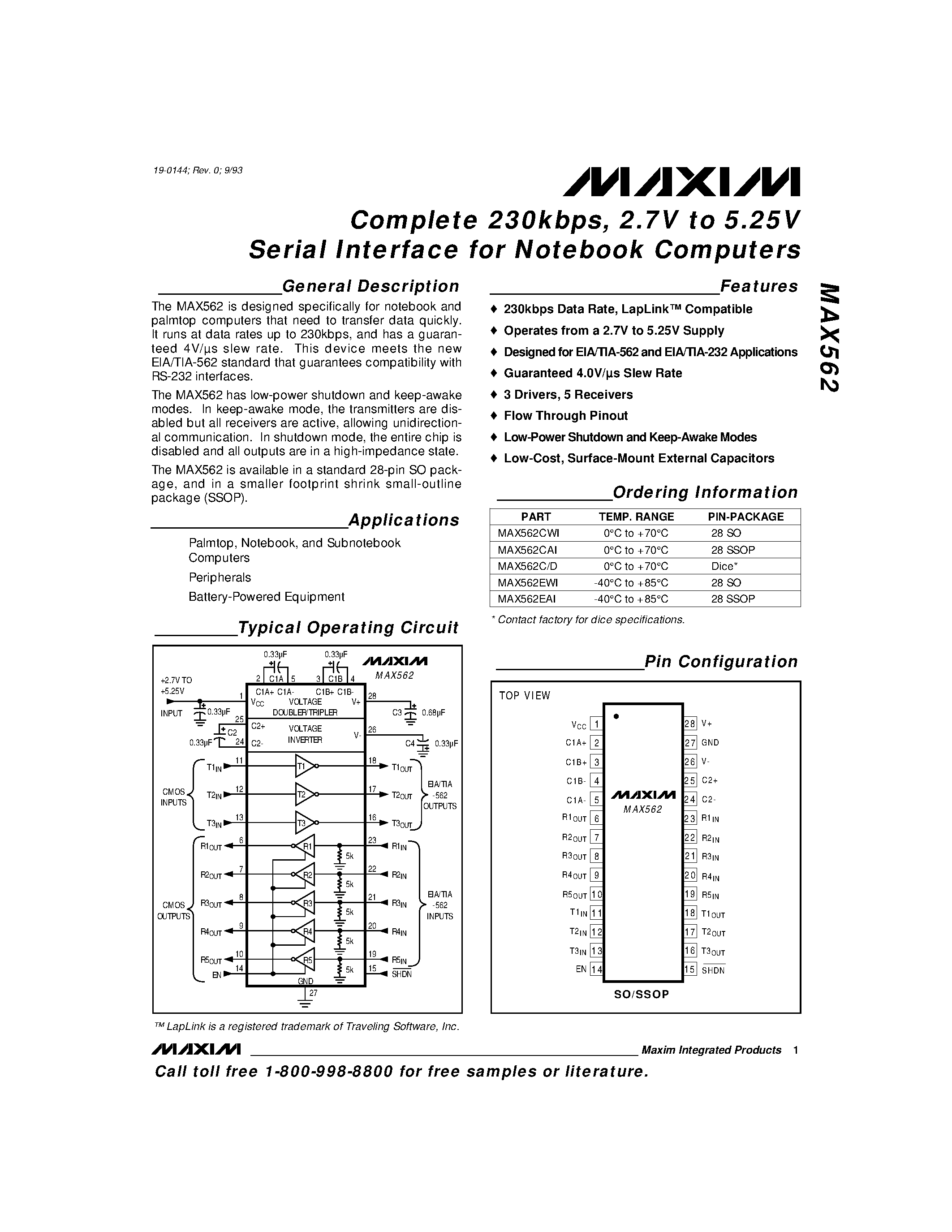 Datasheet MAX562 - Complete 230kbps / 2.7V to 5.25V Serial Interface for Notebook Computers page 1