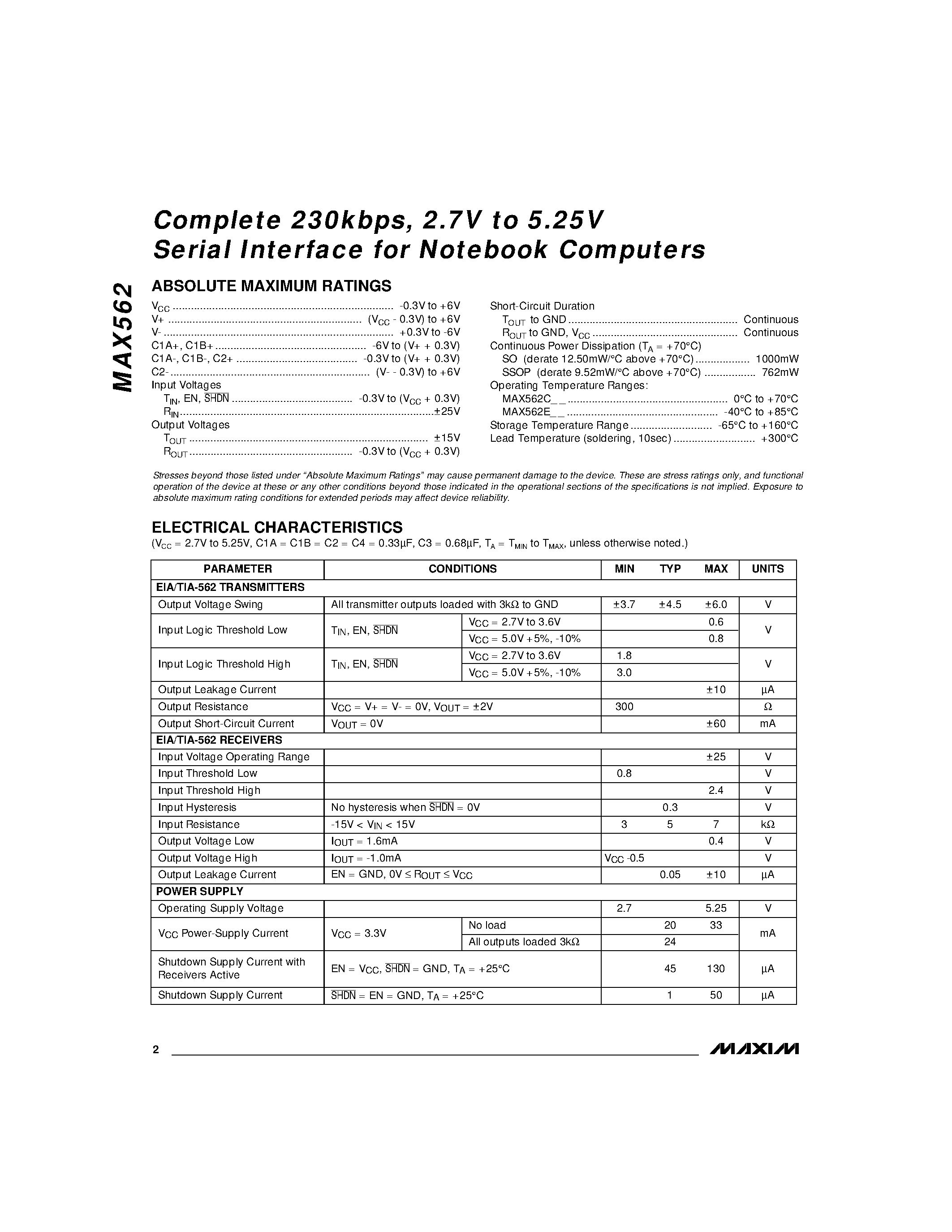 Datasheet MAX562 - Complete 230kbps / 2.7V to 5.25V Serial Interface for Notebook Computers page 2