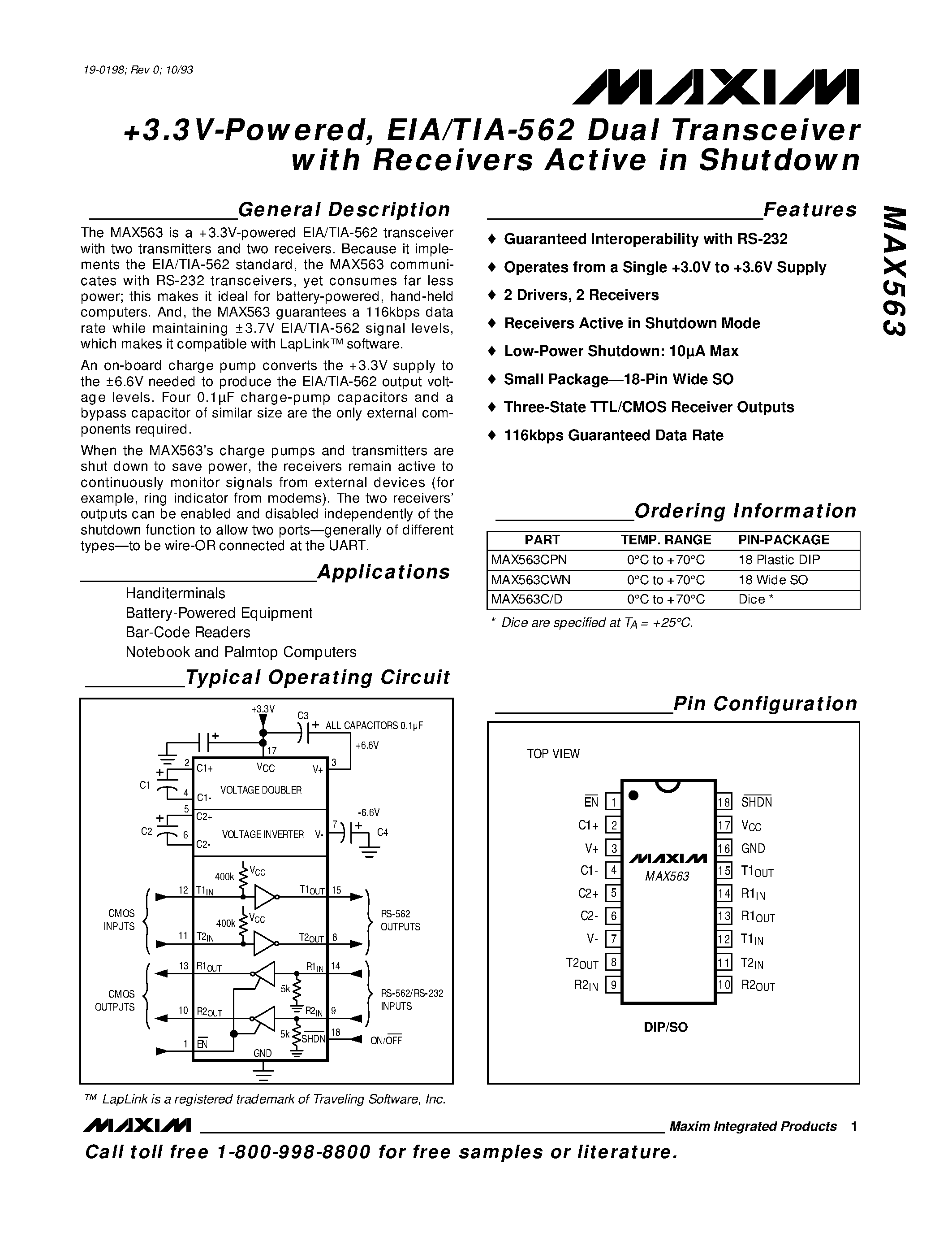 Даташит MAX563 - +3.3V-Powered / EIA/TIA-562 Dual Transceiver with Receivers Active in Shutdown страница 1