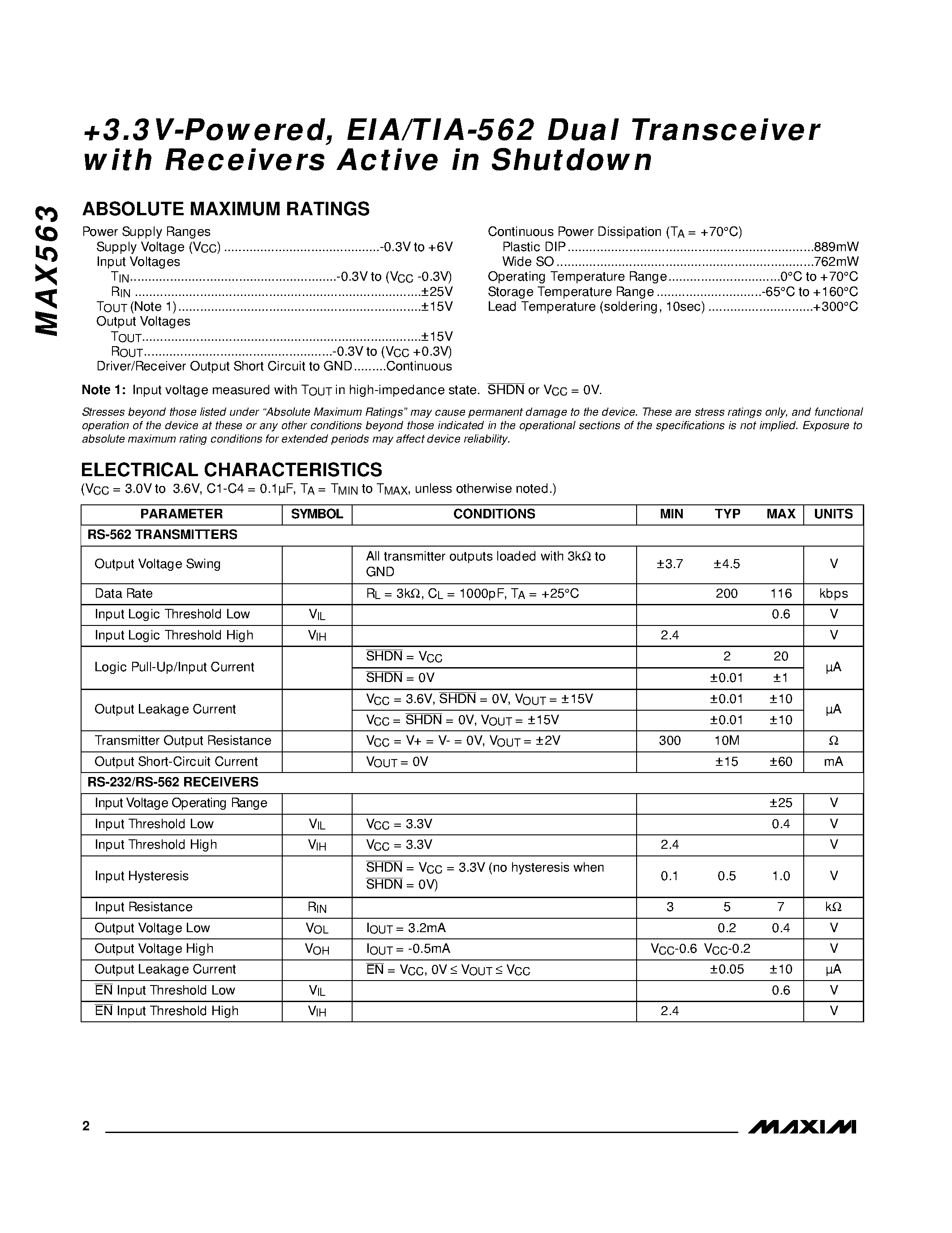 Даташит MAX563 - +3.3V-Powered / EIA/TIA-562 Dual Transceiver with Receivers Active in Shutdown страница 2