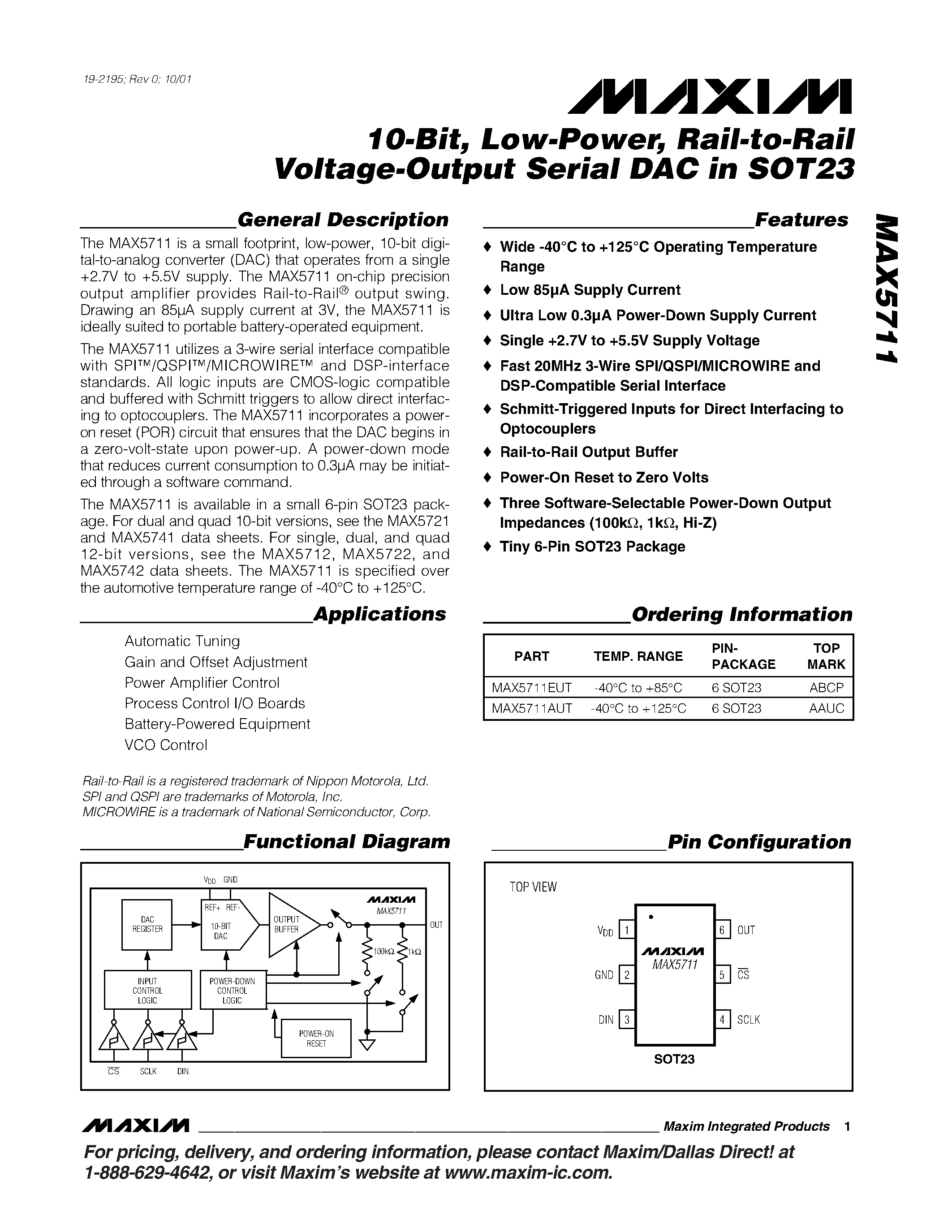 Datasheet MAX5711 - 10-Bit / Low-Power / Rail-to-Rail Voltage-Output Serial DAC in SOT23 page 1