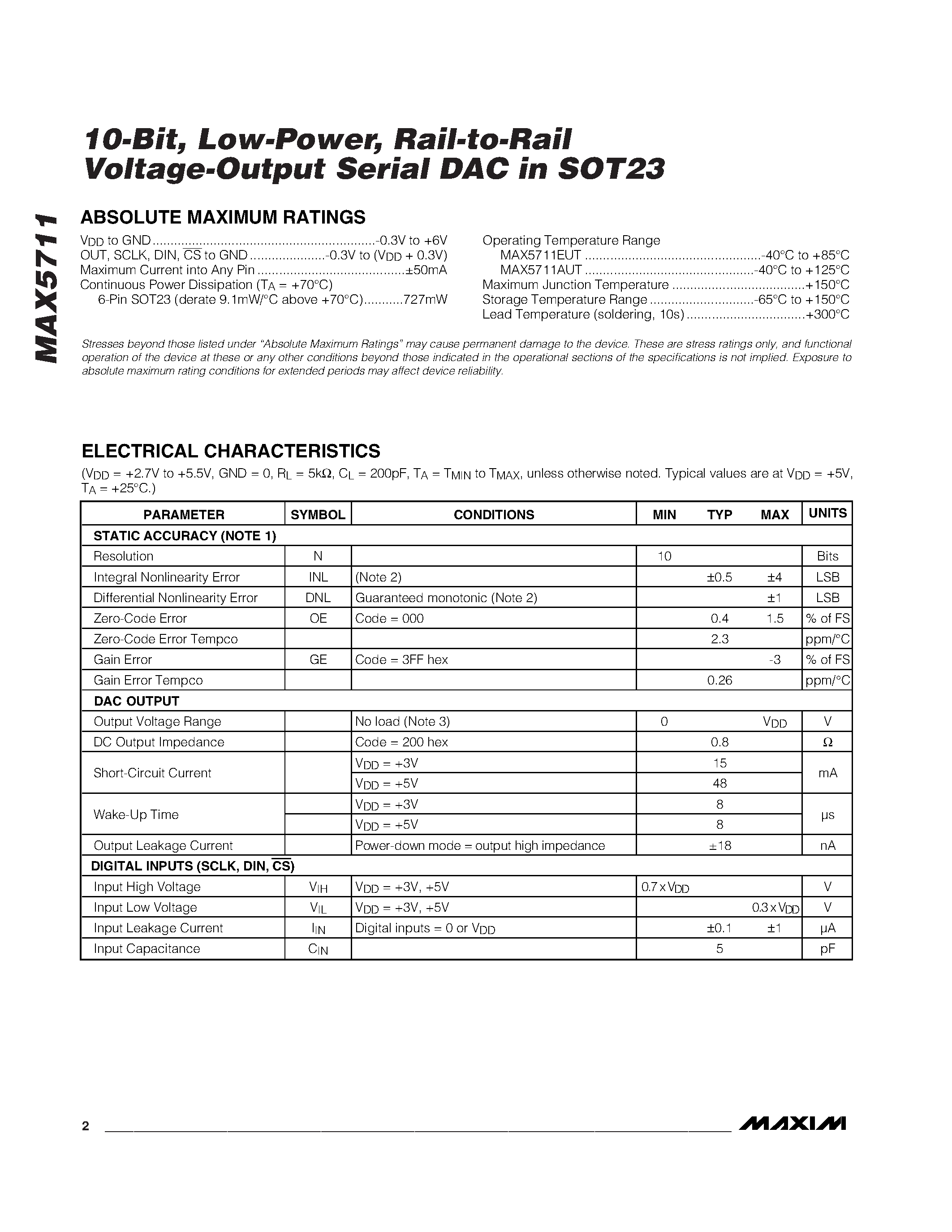 Datasheet MAX5711 - 10-Bit / Low-Power / Rail-to-Rail Voltage-Output Serial DAC in SOT23 page 2