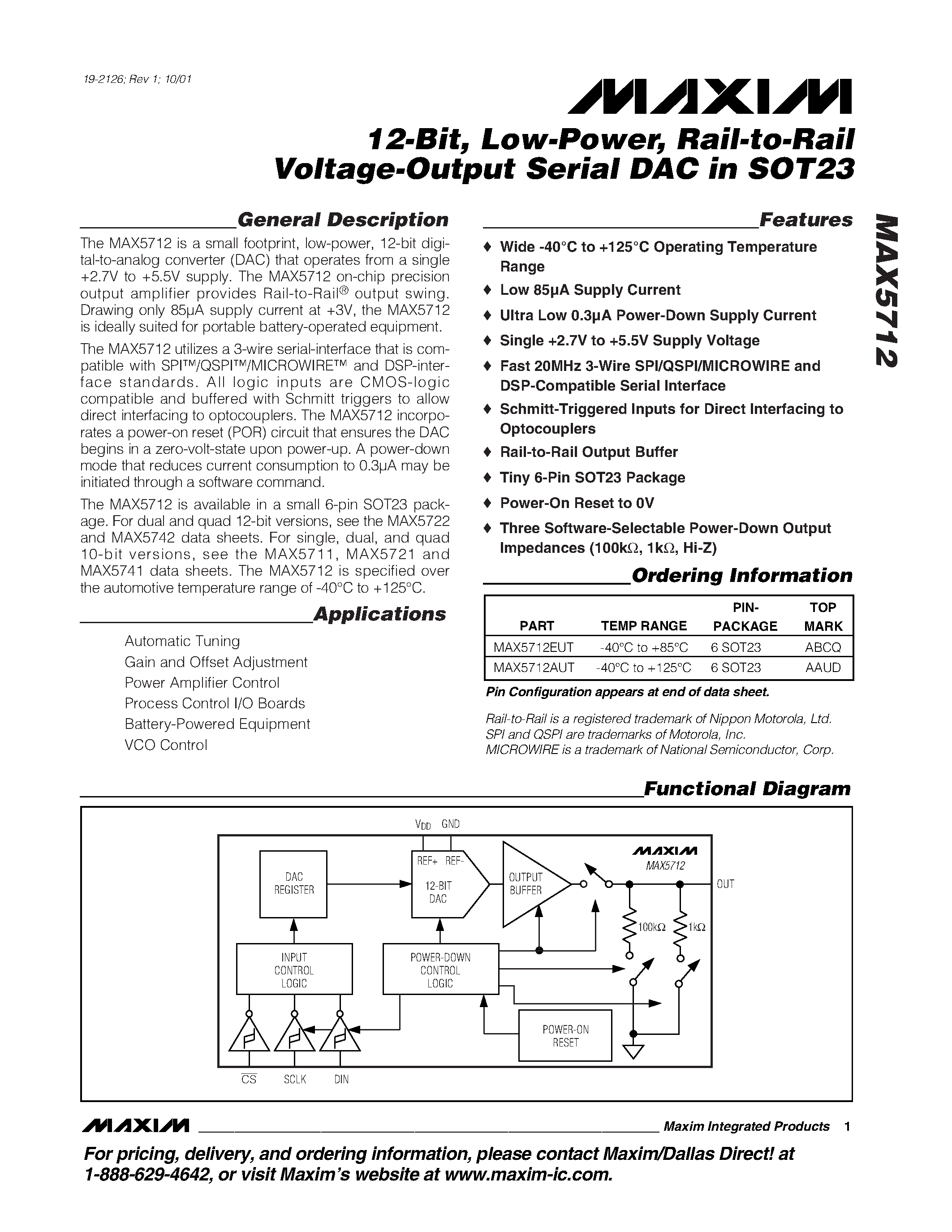 Datasheet MAX5712 - 12-Bit / Low-Power / Rail-to-Rail Voltage-Output Serial DAC in SOT23 page 1