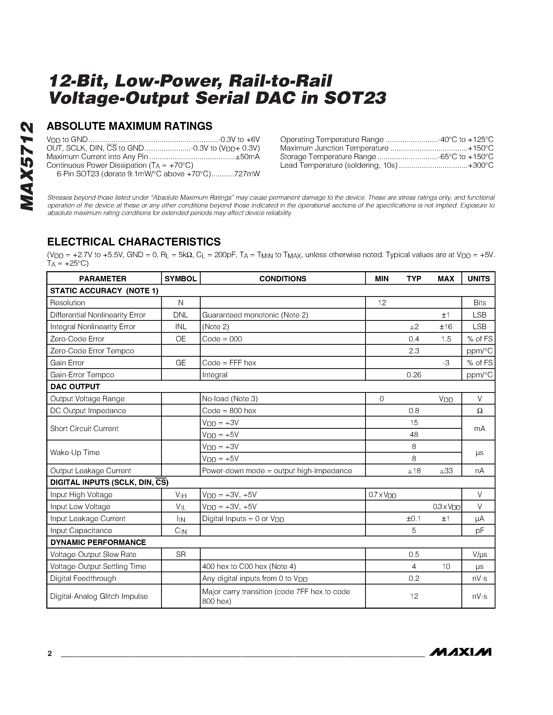 Datasheet MAX5712 - 12-Bit / Low-Power / Rail-to-Rail Voltage-Output Serial DAC in SOT23 page 2