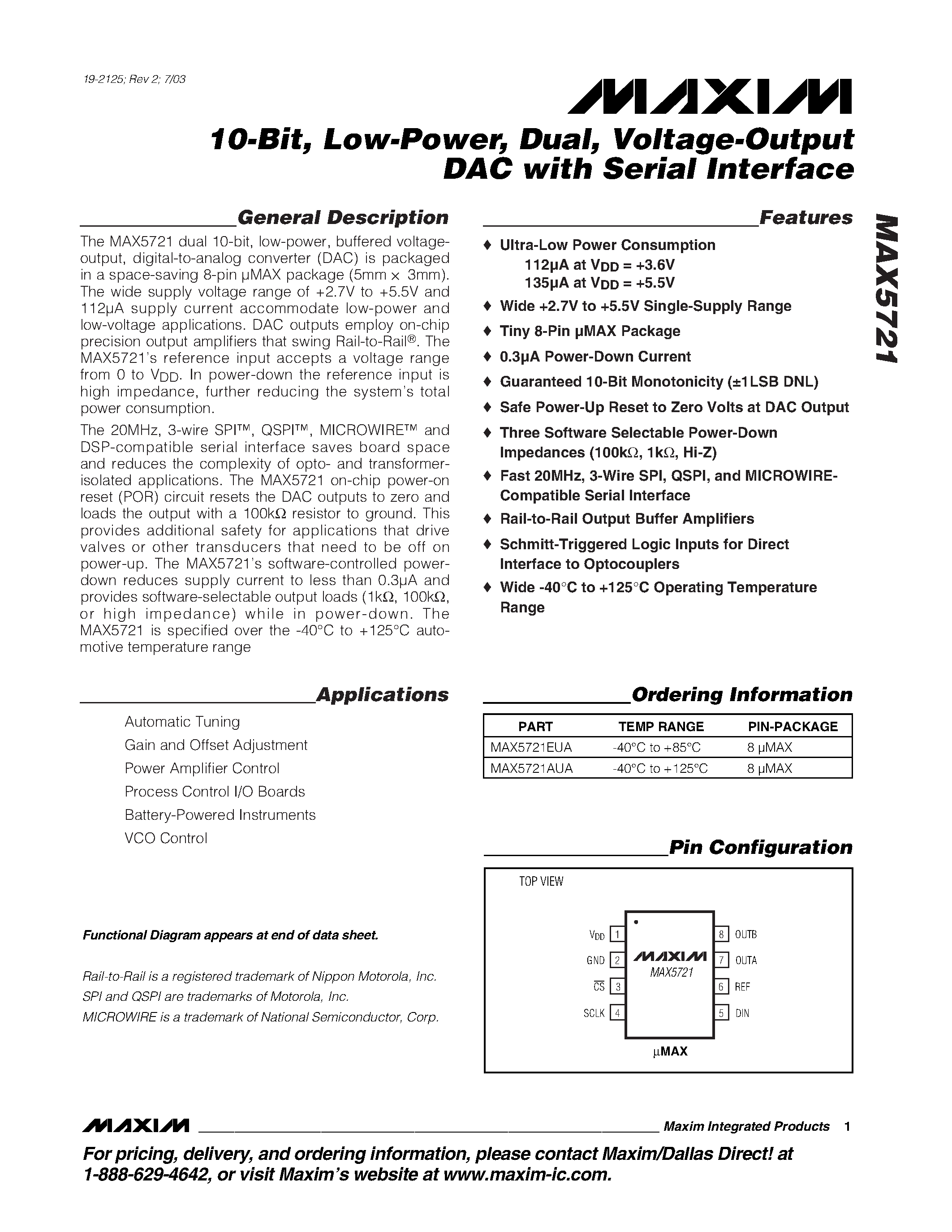 Datasheet MAX5721 - 10-Bit / Low-Power / Dual / Voltage-Output DAC with Serial Interface page 1